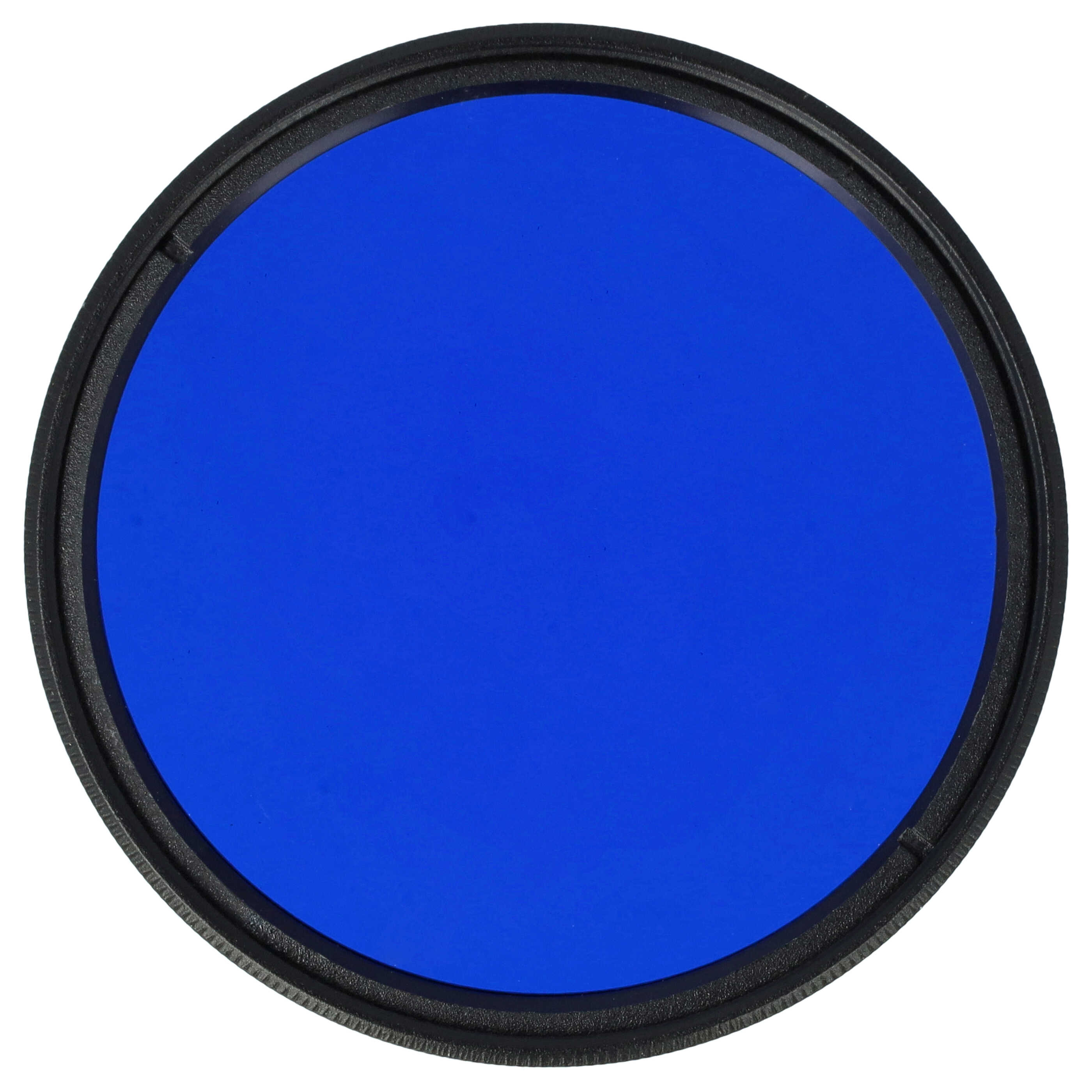 Ein kreisförmiger blauer Filter in einem schwarzen Ring, der für Kameras verwendet wird. Der Hintergrund ist weiß.