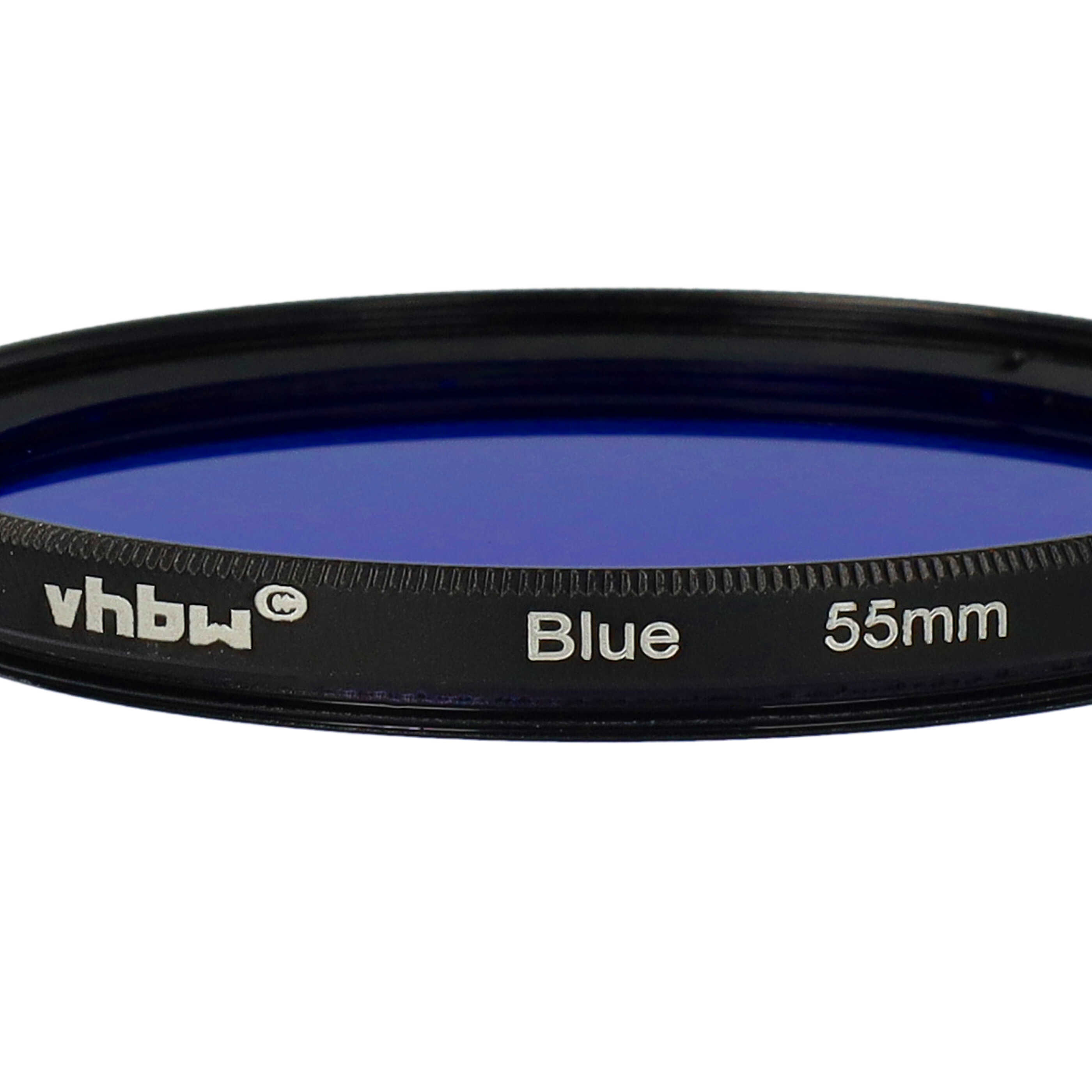 Ein blauer Filter für eine Kamera mit schwarzem Rahmen. Der Text 'Blue' und '55mm' sind sichtbar.
