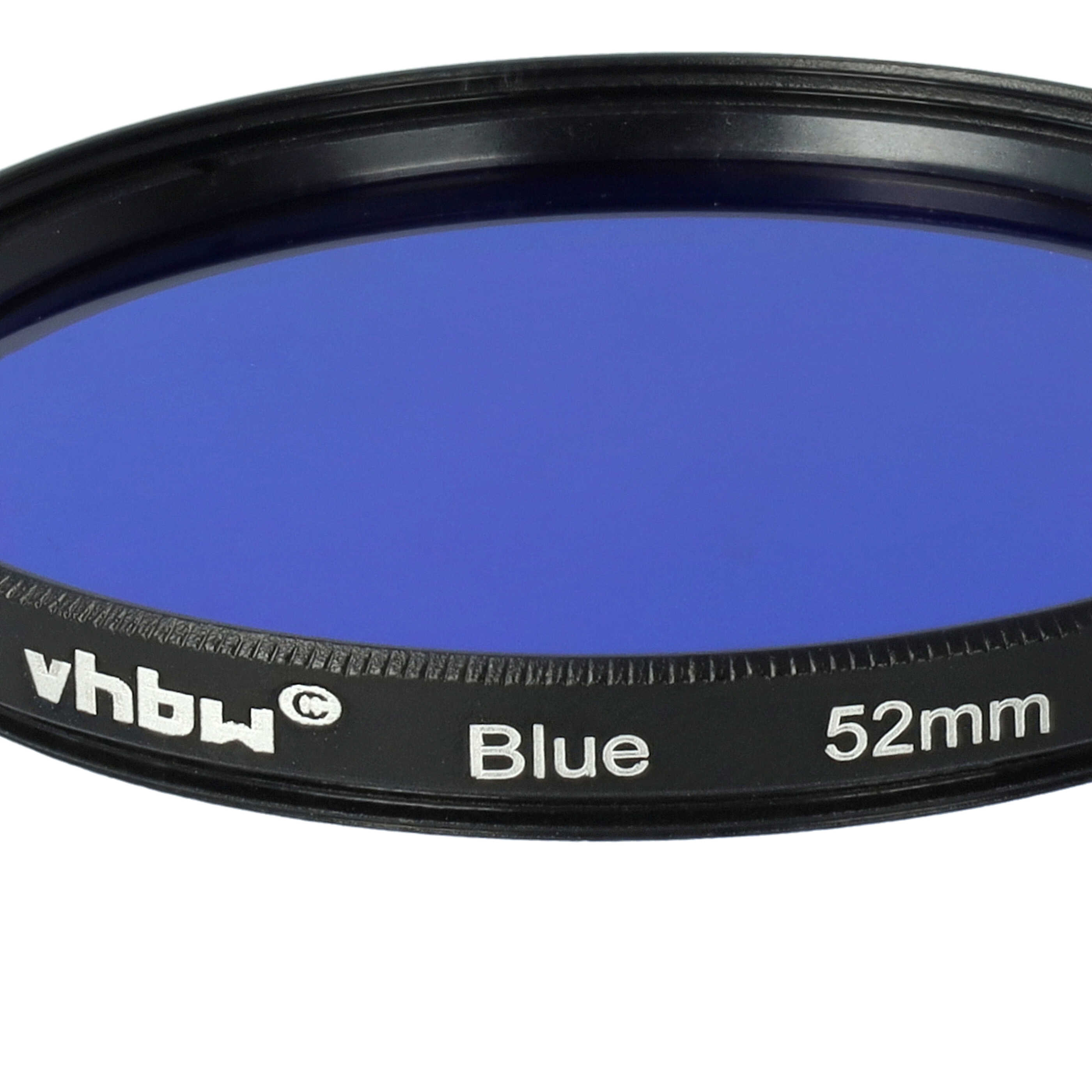 Ein blauer Filter mit schwarzem Ring. Text: 'vhbw Blue 52mm'. Der Filter ist rund, der Hintergrund ist weiß.