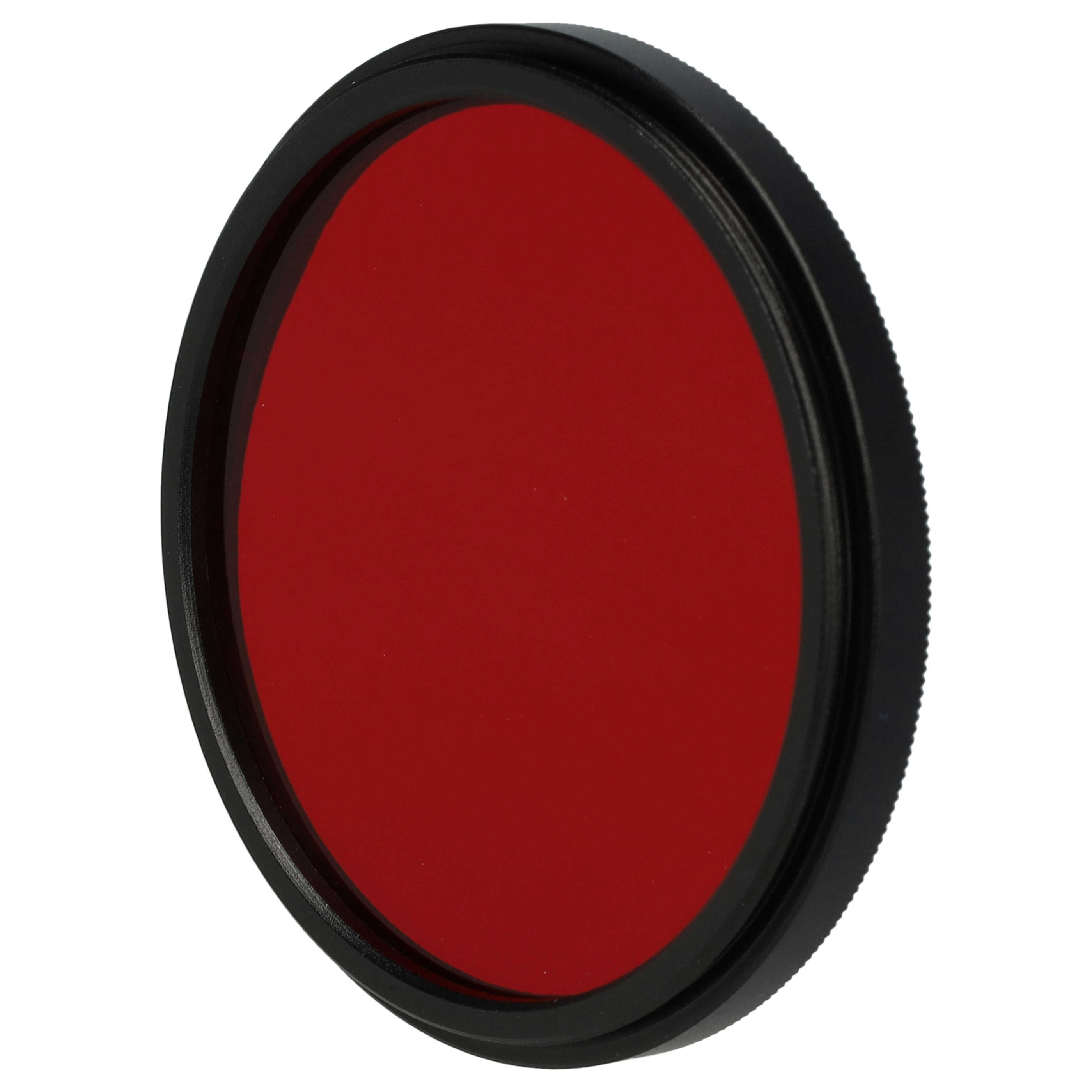 Ein kreisförmiger Rotfilter mit schwarzem Rahmen auf weißem Hintergrund. Der Filter wird für die Fotografie verwendet.