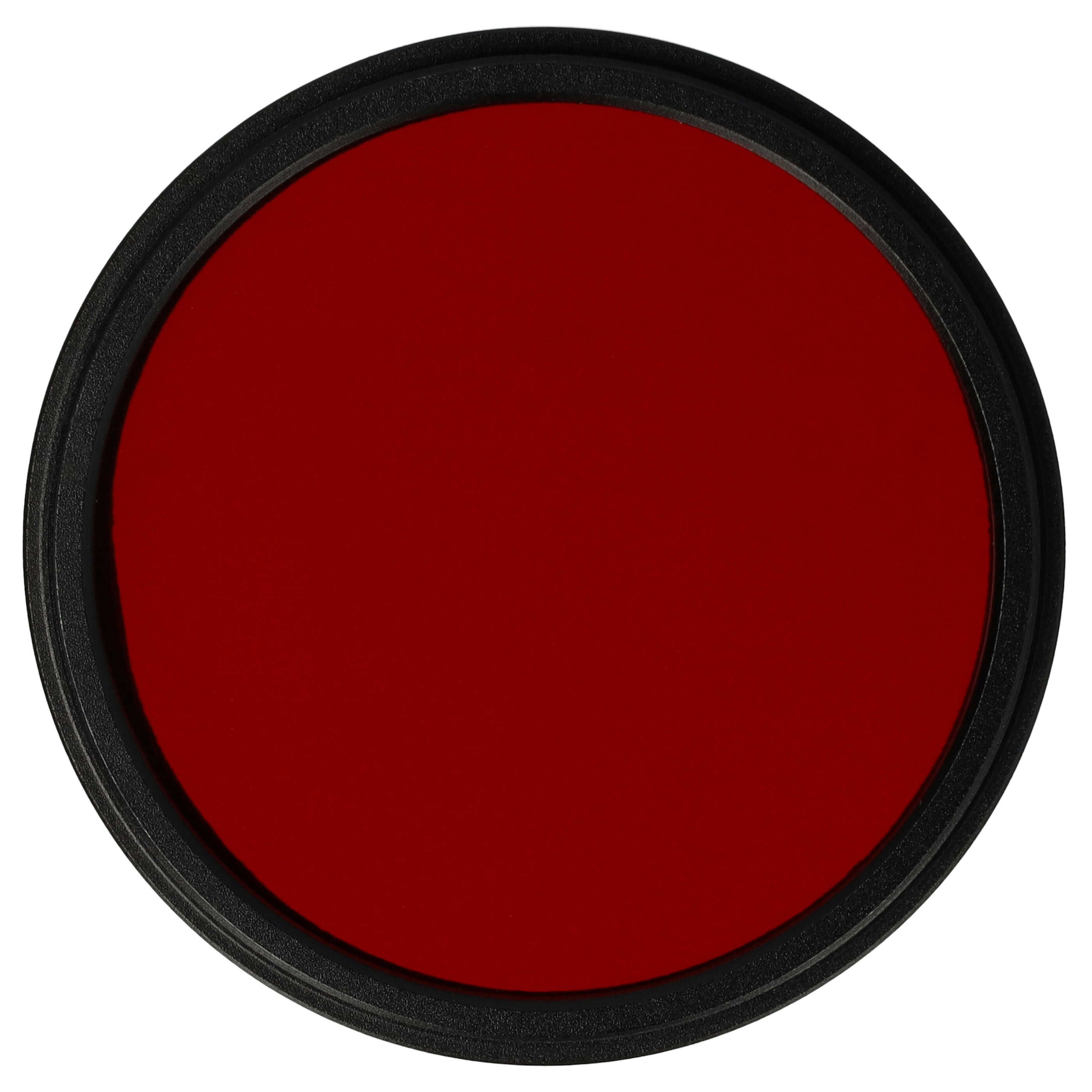 Ein kreisförmiger roter Filter mit schwarzem Rahmen auf weißem Hintergrund. Der Filter ist zentriert.