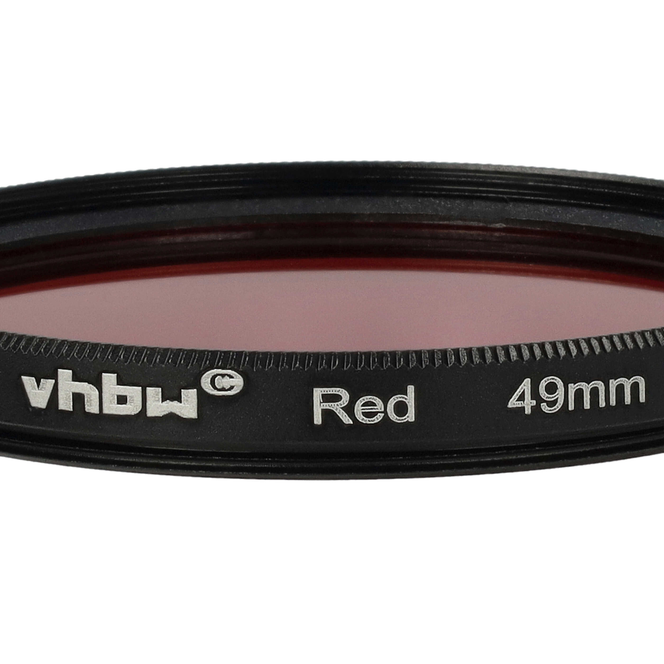 Nahaufnahme eines schwarzen Kamerafilters mit weißem Text, der vhbw Red 49mm auf weißem Hintergrund zeigt.