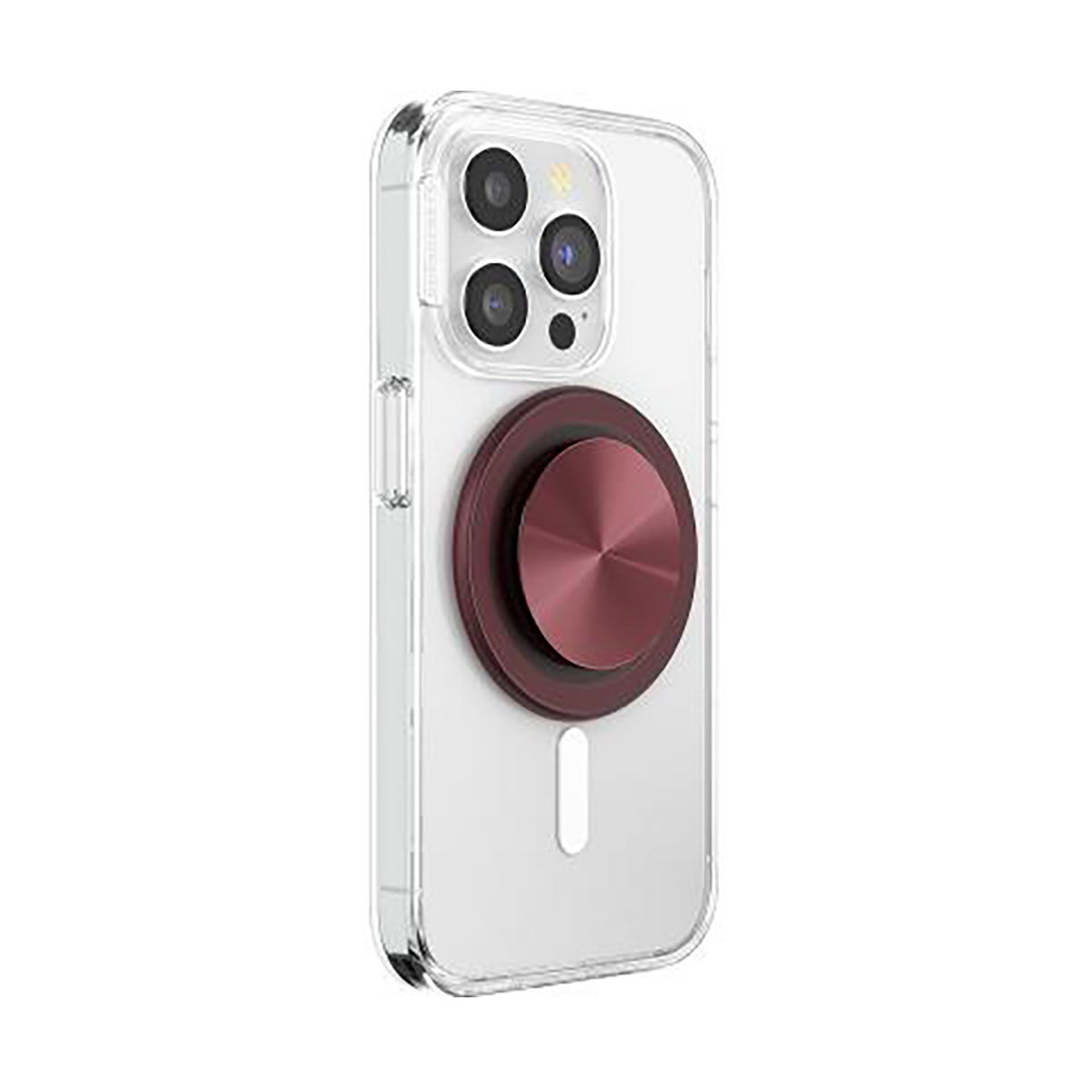 Custodia trasparente per telefono con impugnatura circolare rossa. La custodia ha un ritaglio per la fotocamera con tre obiettivi e un flash.