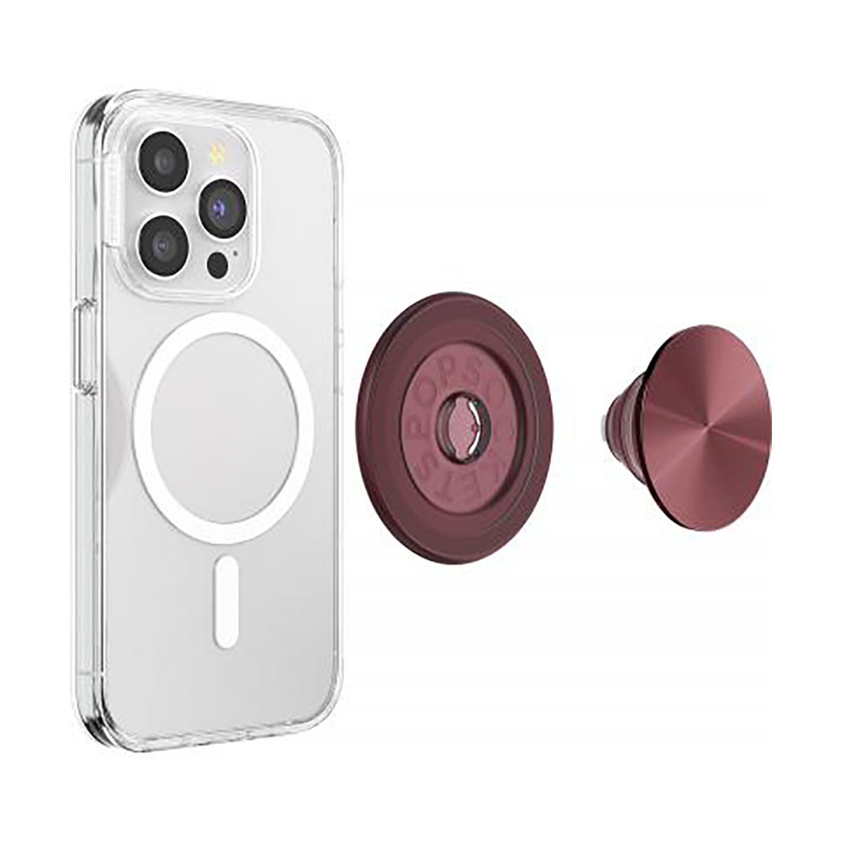 Custodia trasparente per iPhone con anello magnetico e due PopSockets: uno piatto, uno esteso, entrambi bordeaux. Sfondo bianco.
