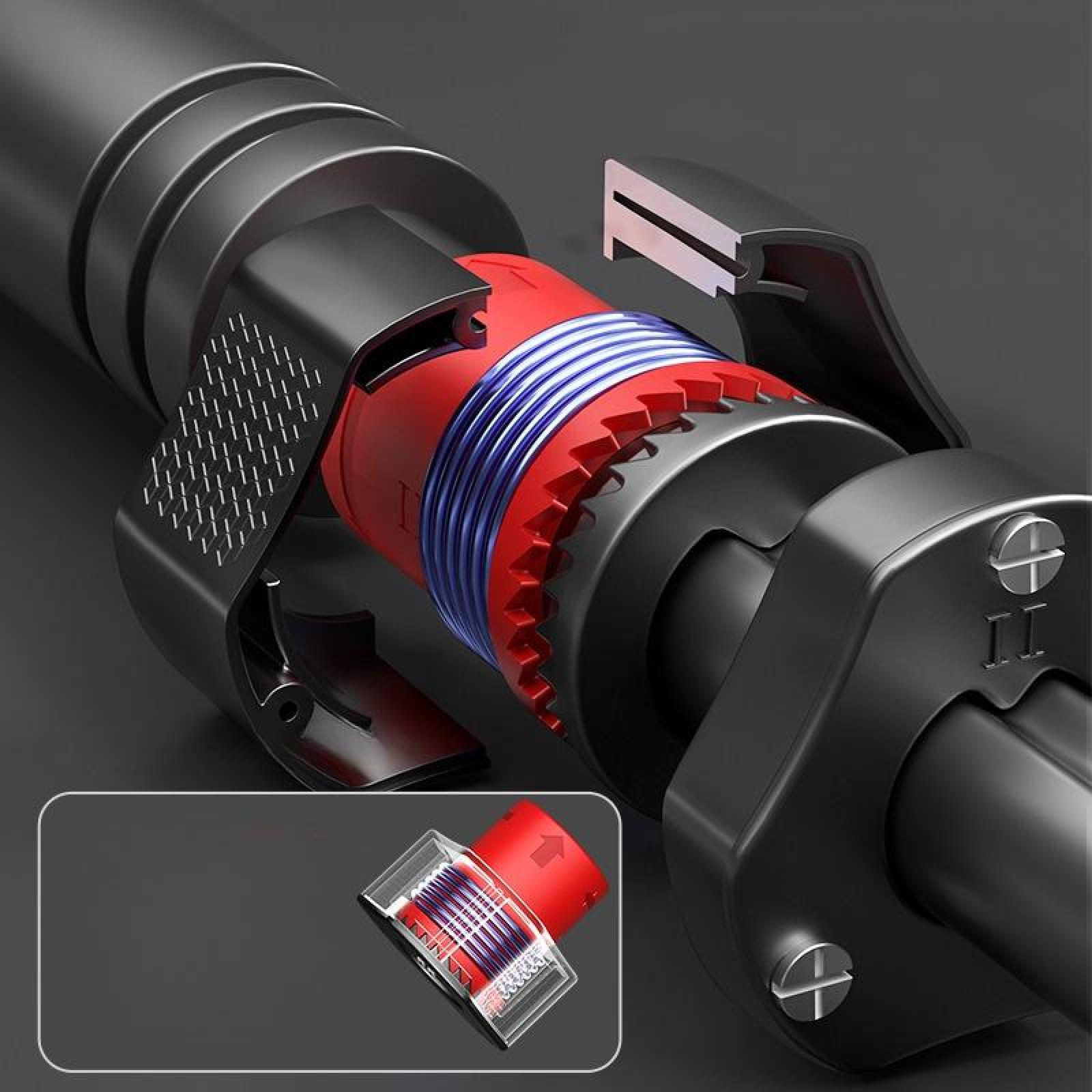 Nahaufnahme einer rot-blauen mechanischen Komponente mit schwarzem Gehäuse. Mit Zahnrädern, Schrauben und einer inset Diagramm.