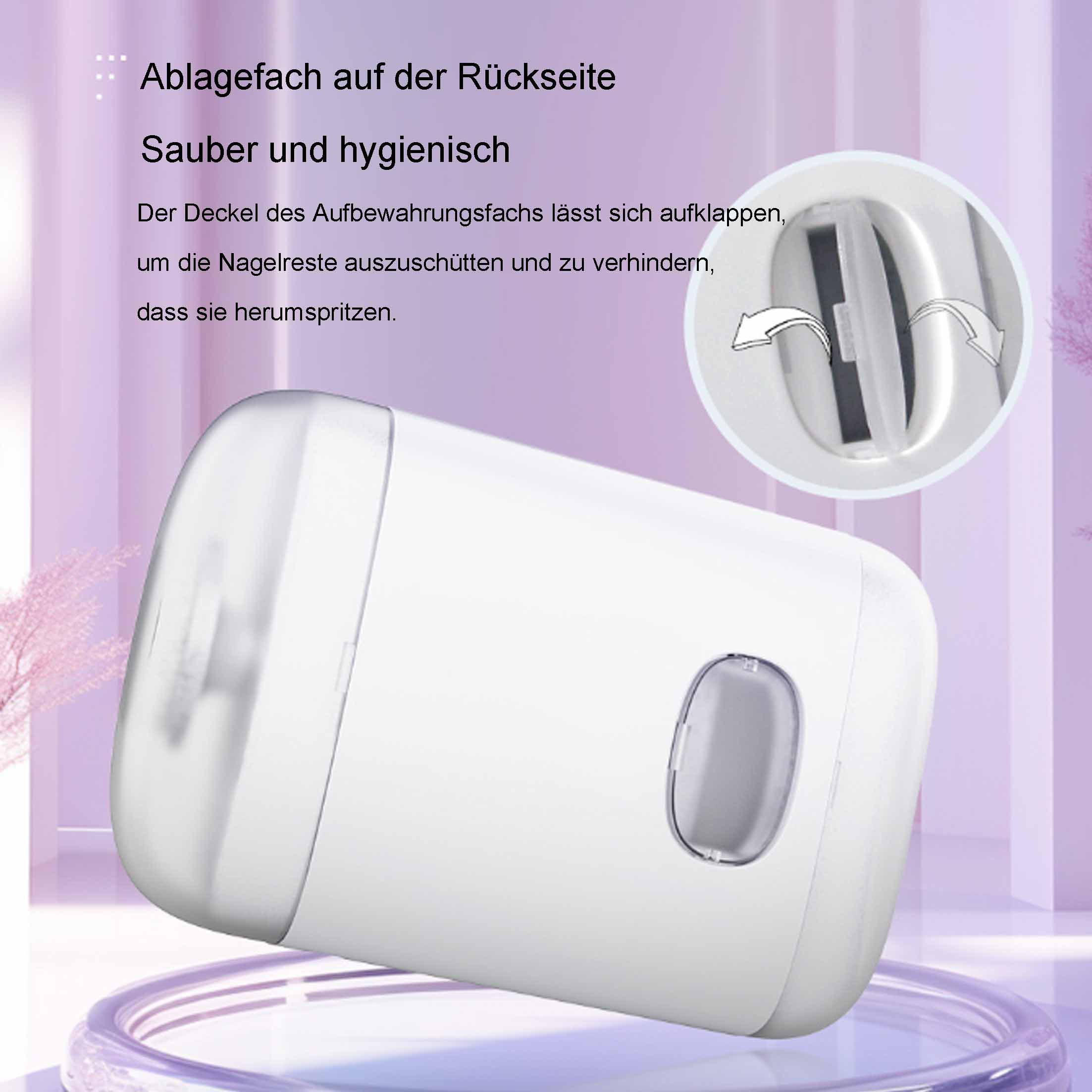 Weißer elektrischer Nagelschneider mit durchsichtigem Deckel und Nahaufnahme des Mechanismus.