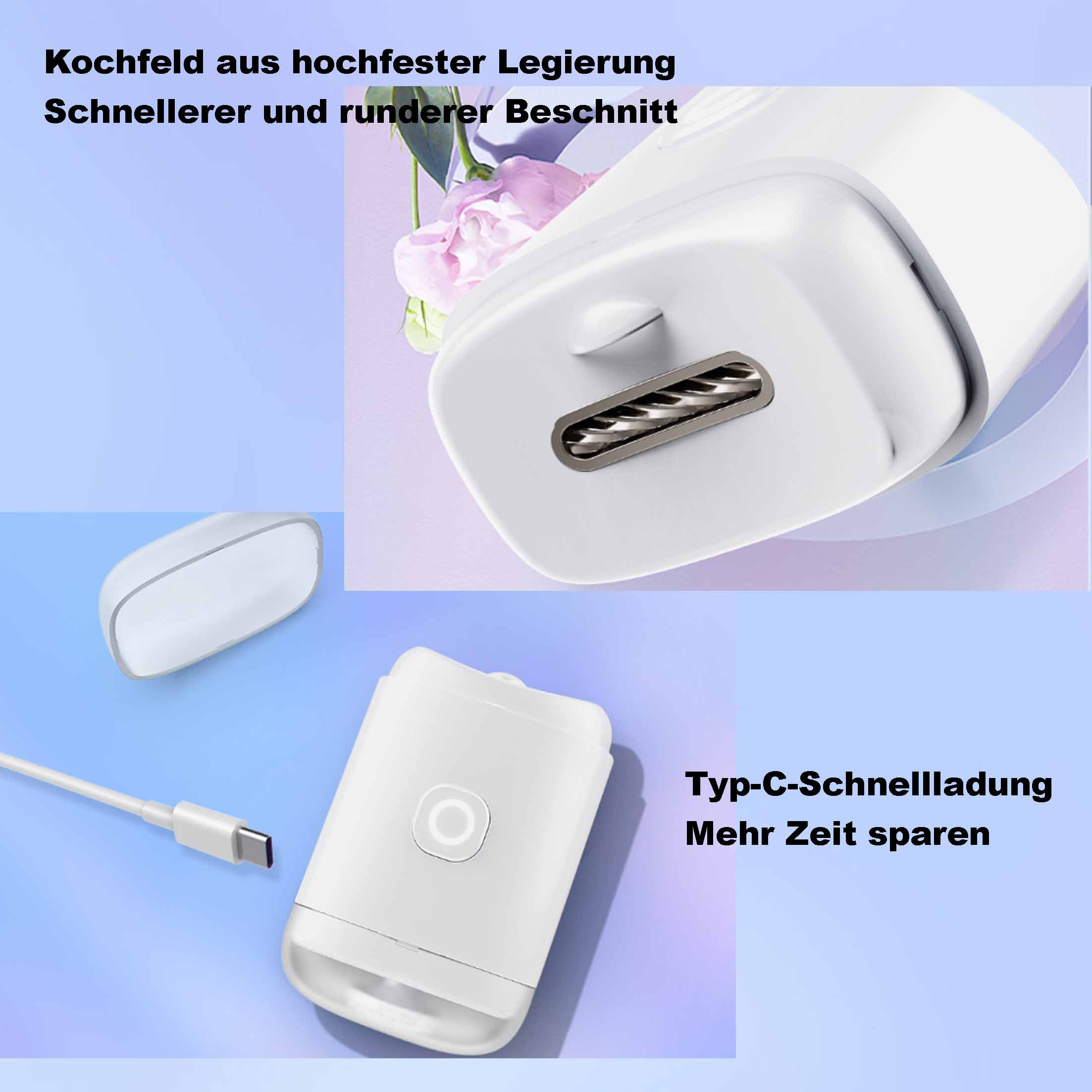 Das Bild zeigt ein weißes Ladegerät und ein weißes Gerät mit einem Typ-C-Kabel. Der Text lautet 'Typ-C-Schnellladung'.