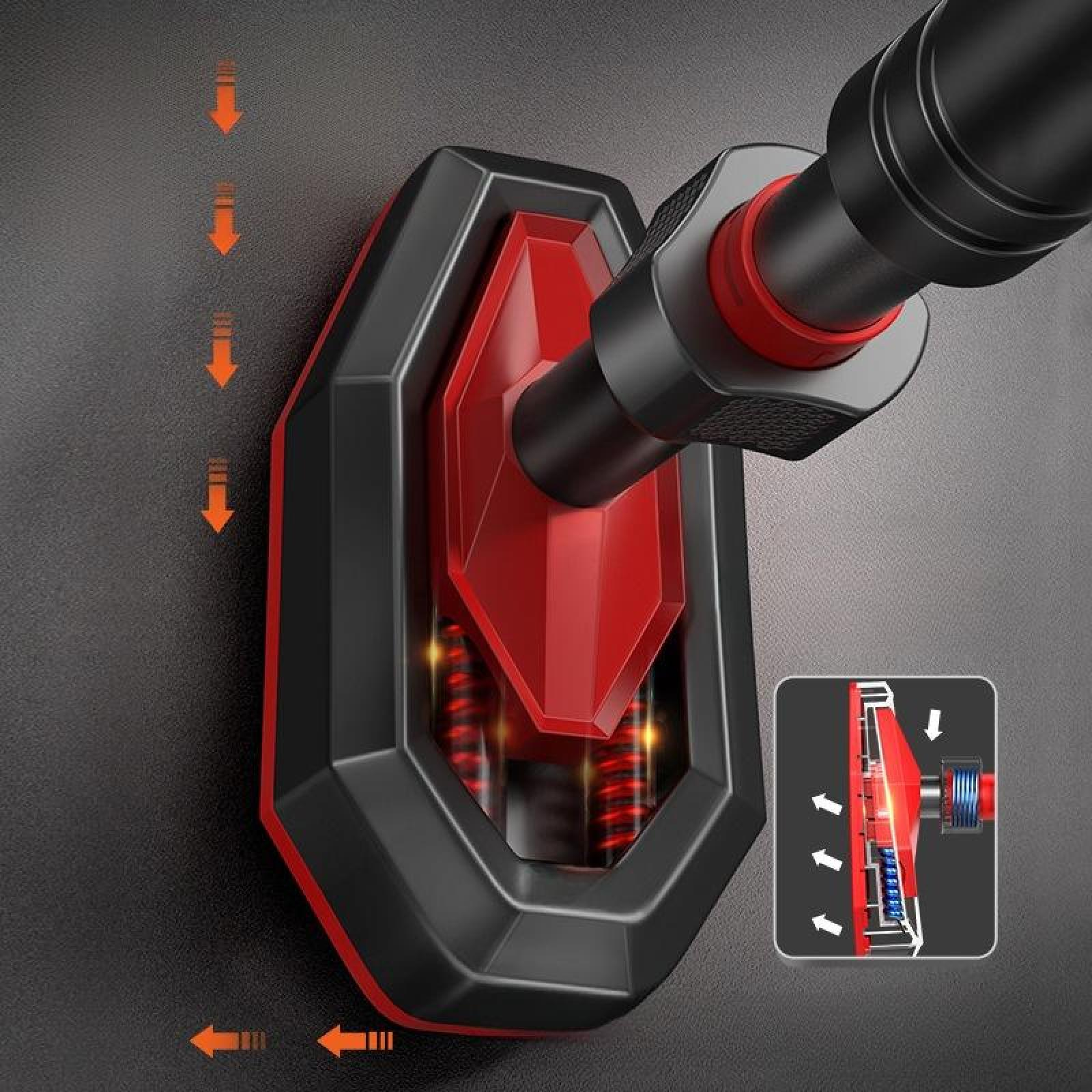 Schwarzer und roter Autostaubsauger mit Pfeilen, die den Luftstrom anzeigen. Enthält ein Diagramm.