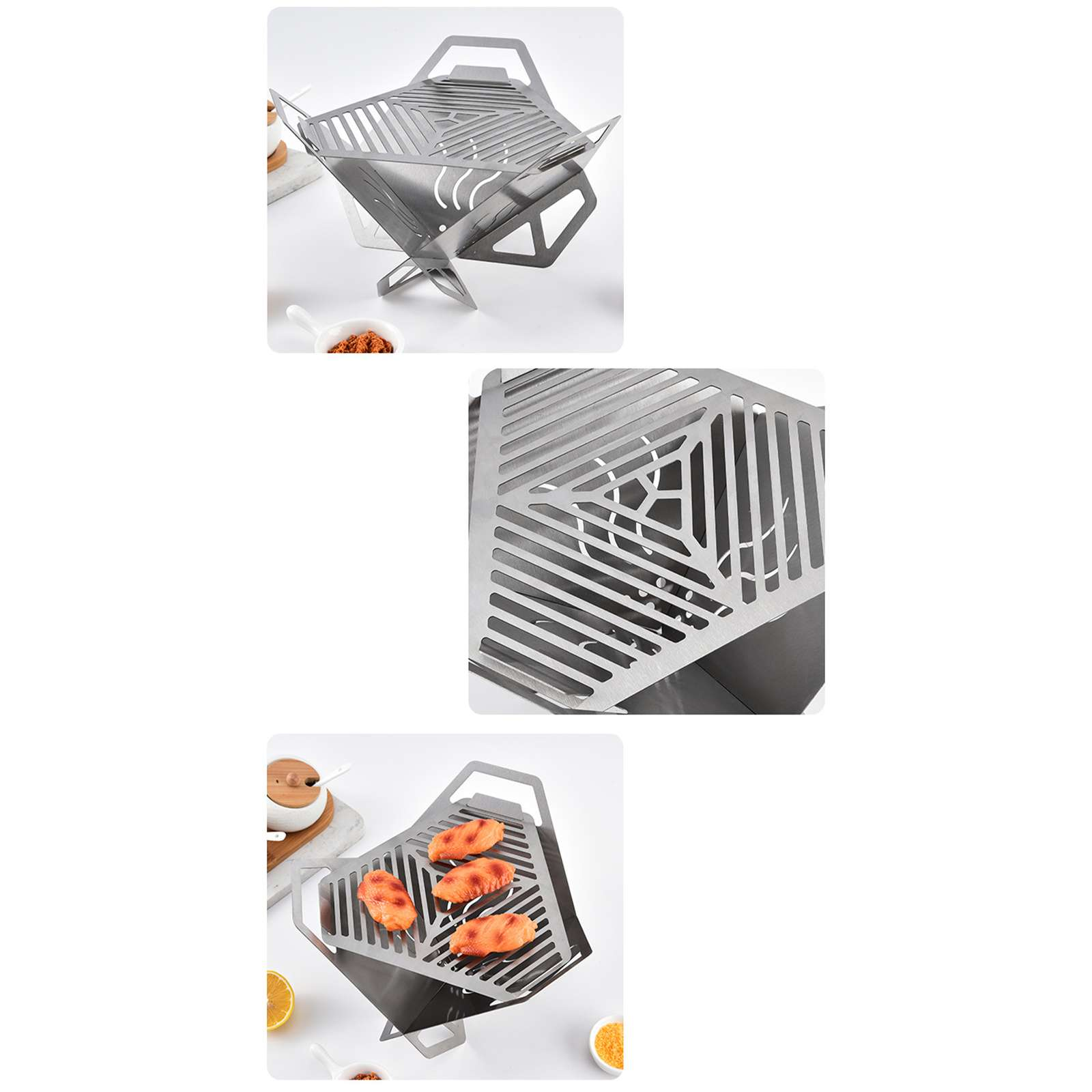 Ein zusammengeklappter Metallgrill. Unten liegt gegrillter Lachs auf dem Grill. Weißer Hintergrund mit kleinen Schalen mit Gewürzen.