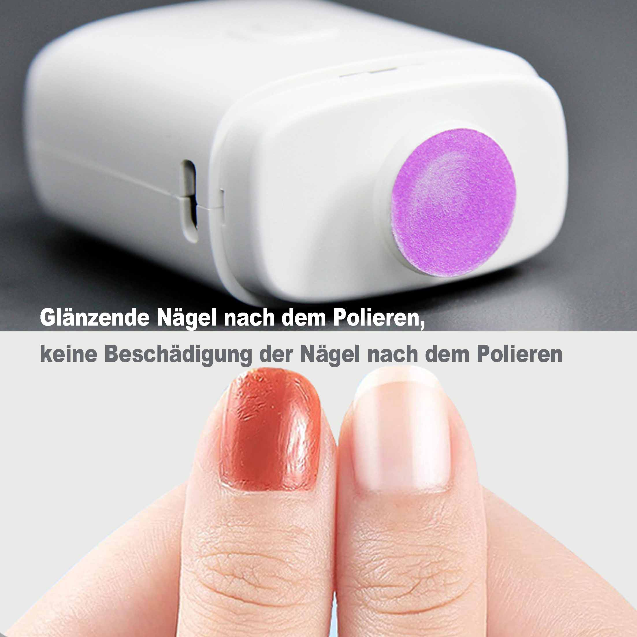 Ein Nagelpolierer mit einem lilafarbenen Pad. Zwei Finger zeigen polierte und unpolierte Nägel. Text sagt 'glänzende Nägel'.