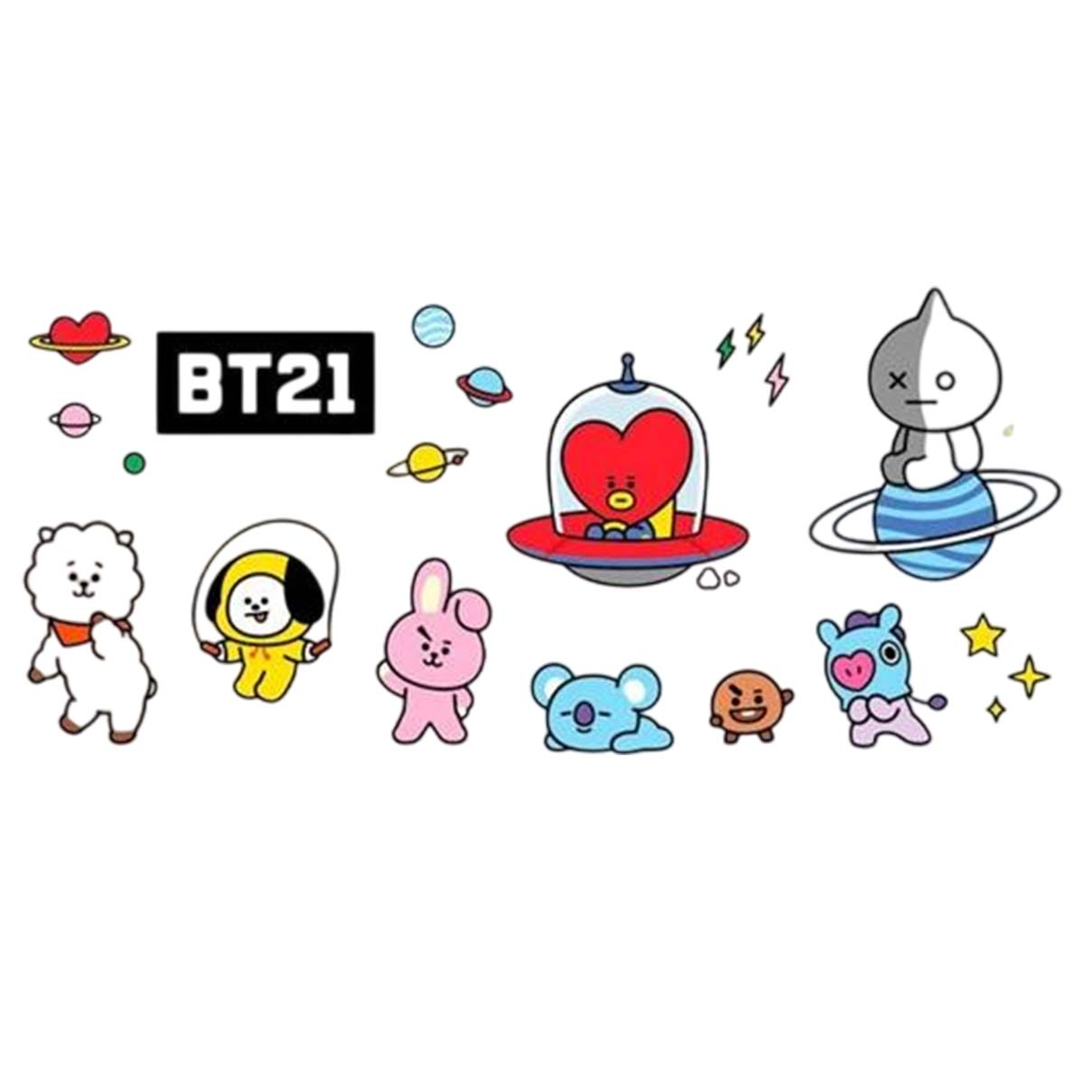BT21-Charaktere: RJ, Chimmy, Cooky, Tata im Raumschiff, Koya, Shooky, Mang und Van, mit Planeten und Sternen auf weißem Hintergrund.