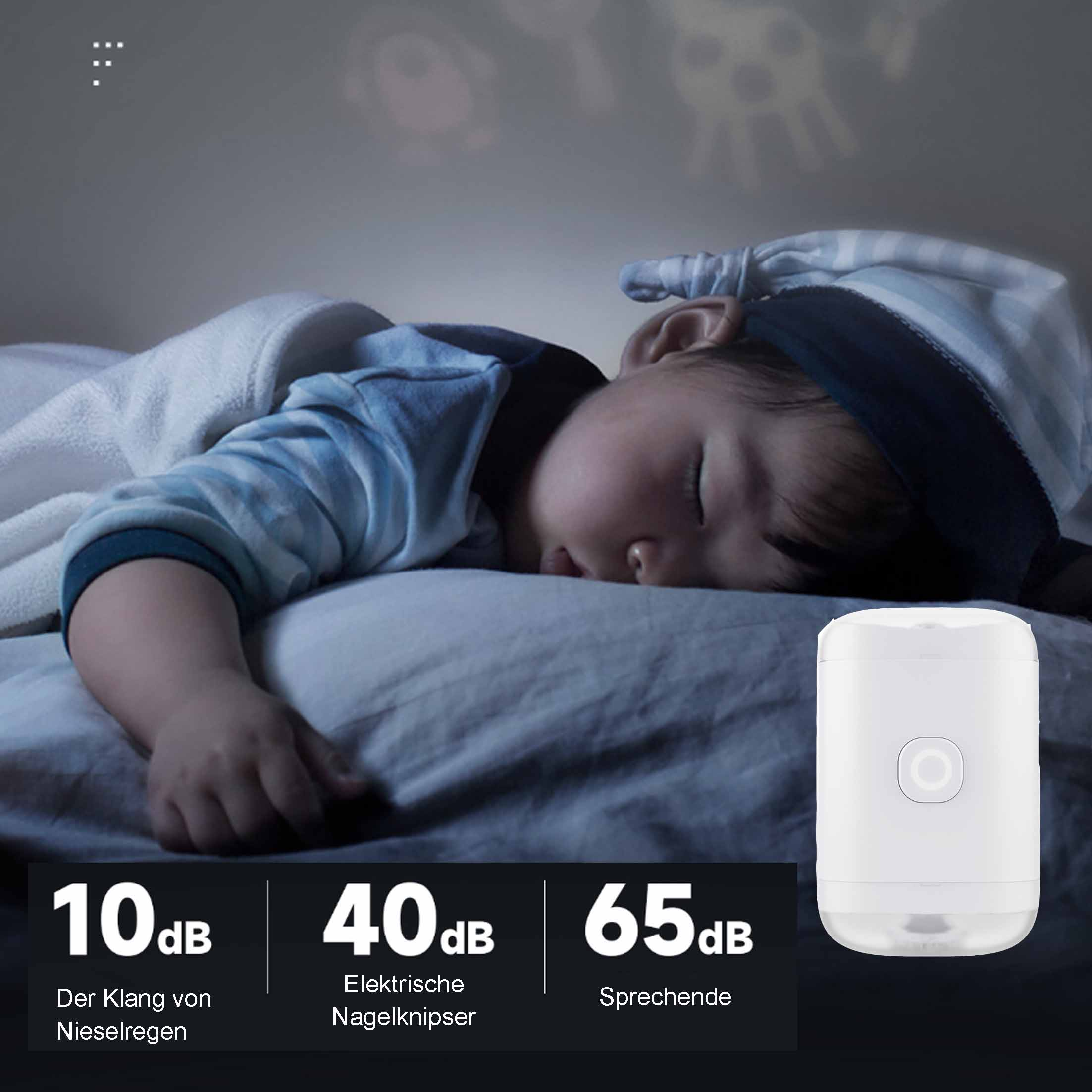 Ein Baby schläft im Bett, daneben steht ein Weißer-Rauschen-Gerät. Schallpegel sind unten angegeben.