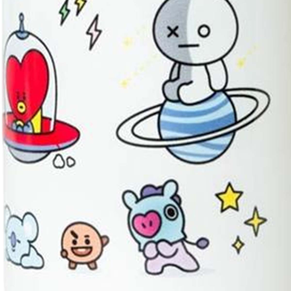 Cartoon-Figuren, darunter ein herzförmiges Gesicht in einem Raumschiff, eine Figur auf einem Planeten und andere niedliche Figuren, Sterne und Blitze.