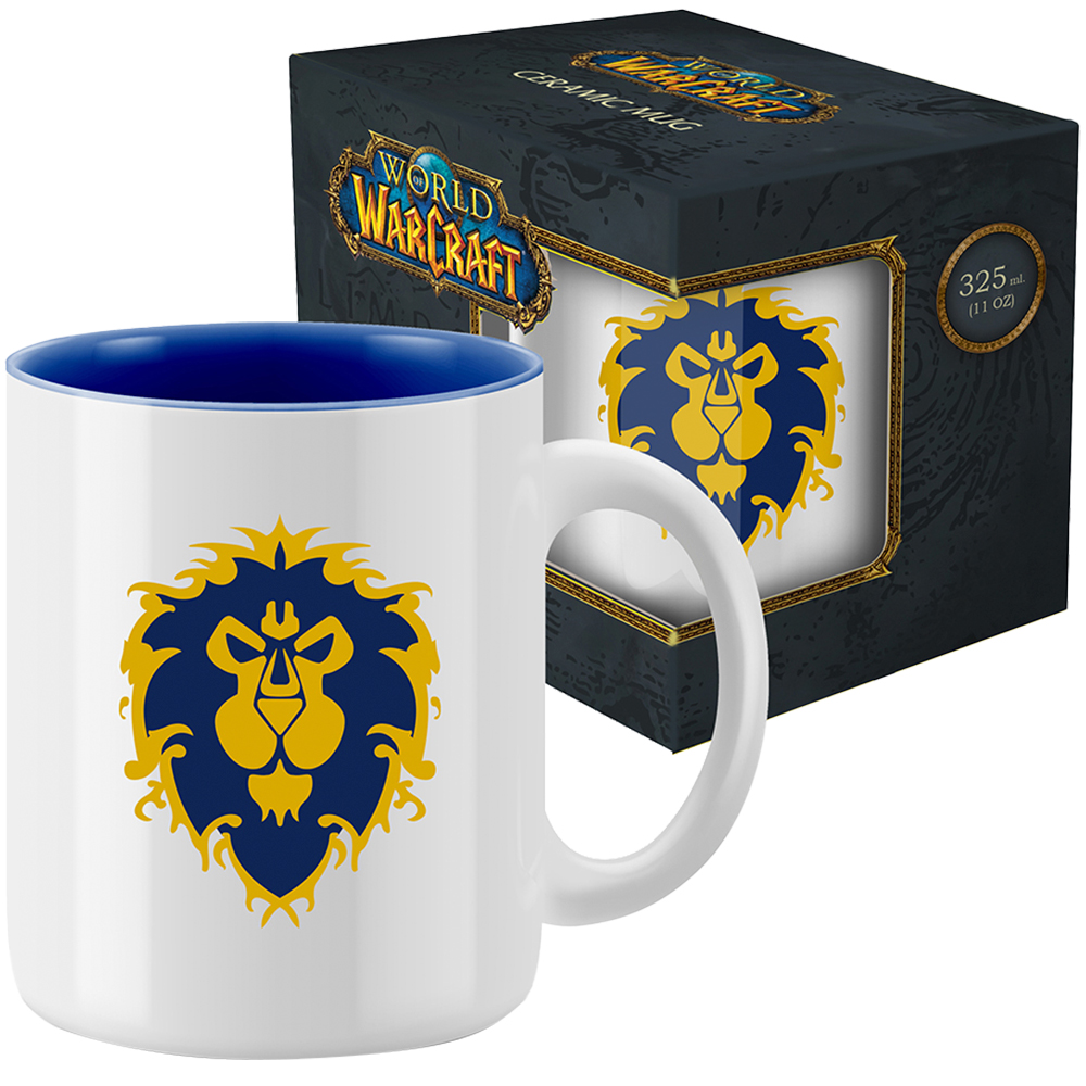 Una tazza bianca di World of Warcraft con interno blu e una scatola con il logo del gioco.