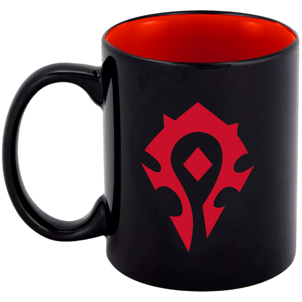 Tazza nera con interno rosso e il simbolo dell'Orda in rosso. La tazza ha un manico a sinistra.