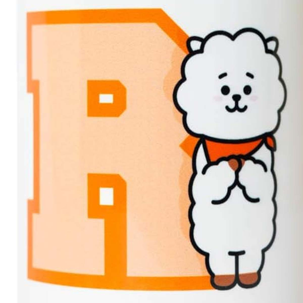Eine Illustration zeigt eine weiße Cartoonfigur mit orangefarbenem Schal neben einem orangefarbenen Buchstaben B.