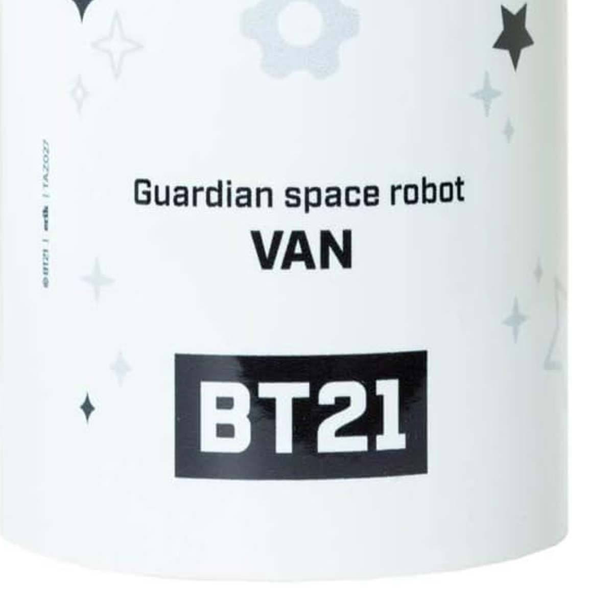 Eine weiße Oberfläche mit dem Text 'Guardian space robot VAN' und 'BT21' in einer schwarzen Box. Dekorative Sterne umgeben den Text.