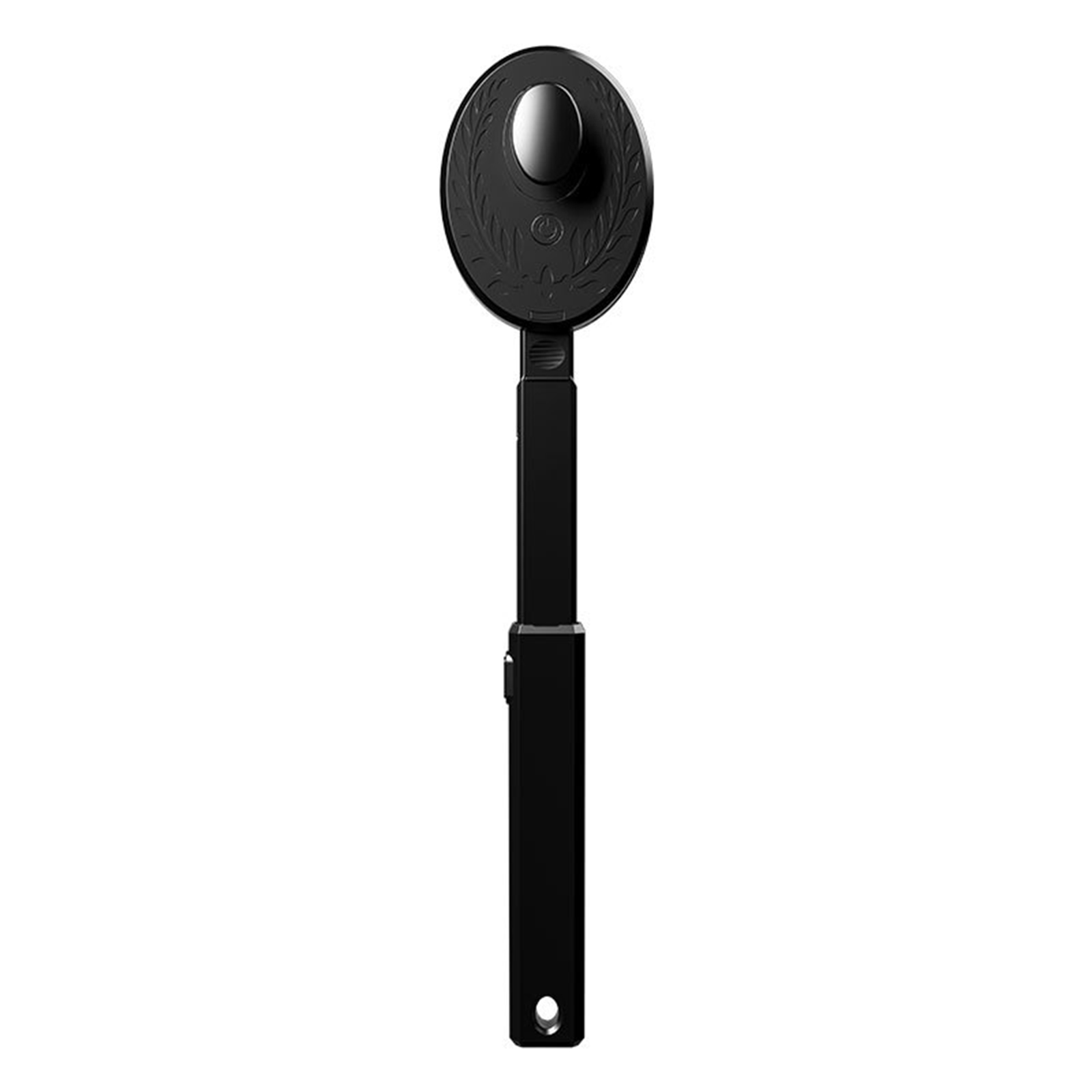 Ein schwarzes Gerät mit ovalem Kopf, Griff und Loch unten. Der Kopf hat einen eingebetteten Knopf.
