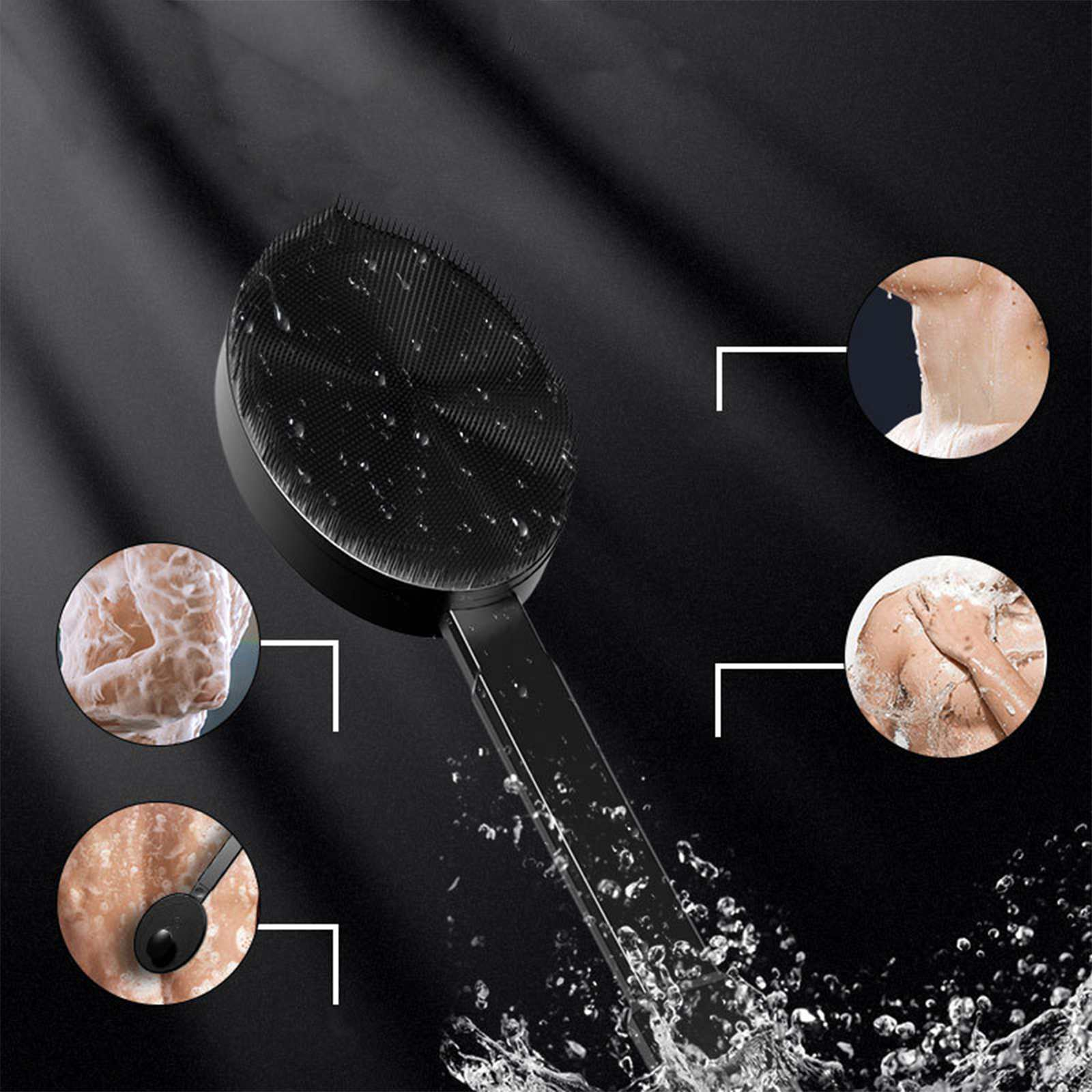 Schwarze Duschbürste mit Wassertropfen. Kreisförmige Bilder zeigen gewaschene Körperteile und einen Löffel.