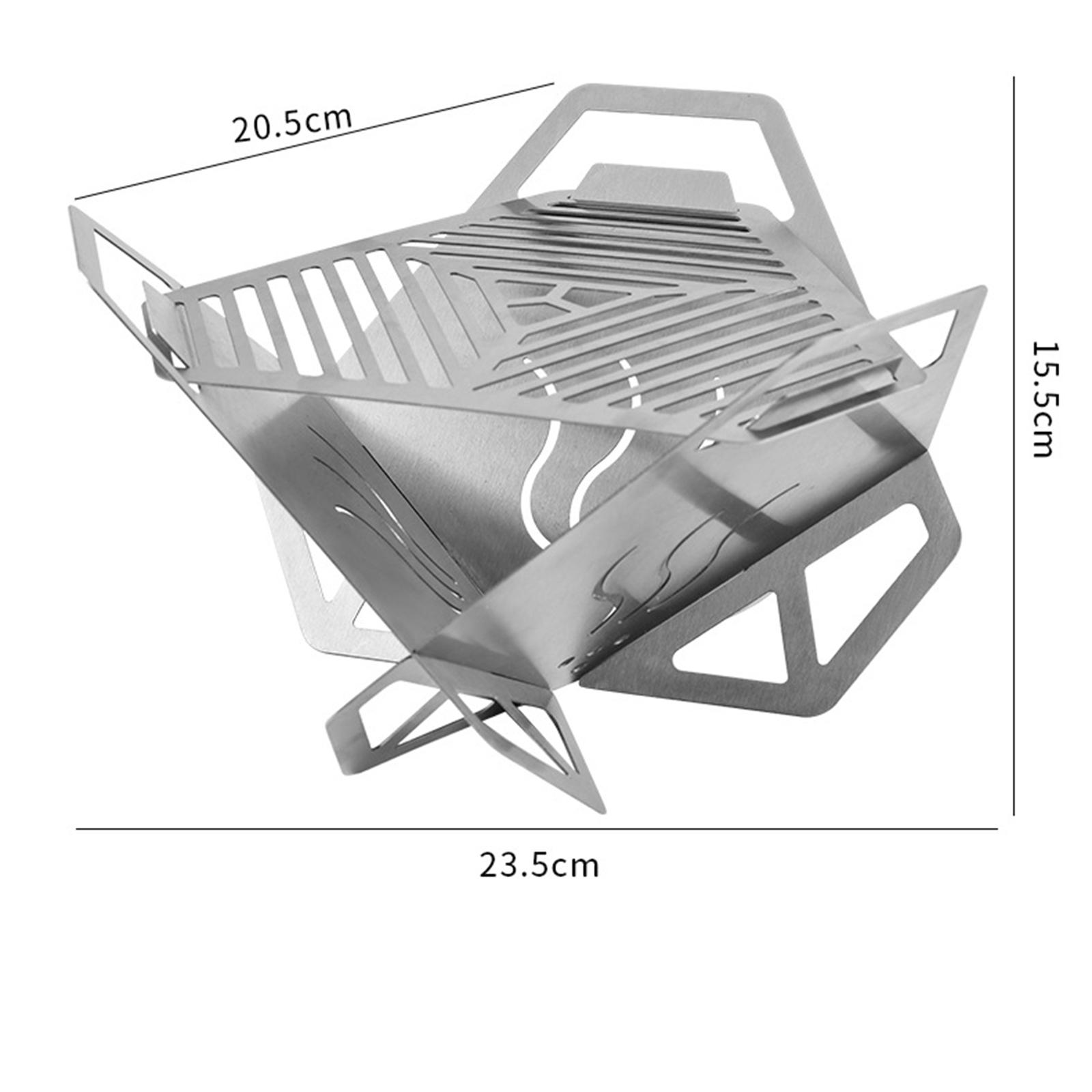 Ein Metall-Feuerstelle, Edelstahl. Es ist faltbar. Hat einen Grillaufsatz und ist 20,5 cm x 23,5 cm x 15,5 cm groß.
