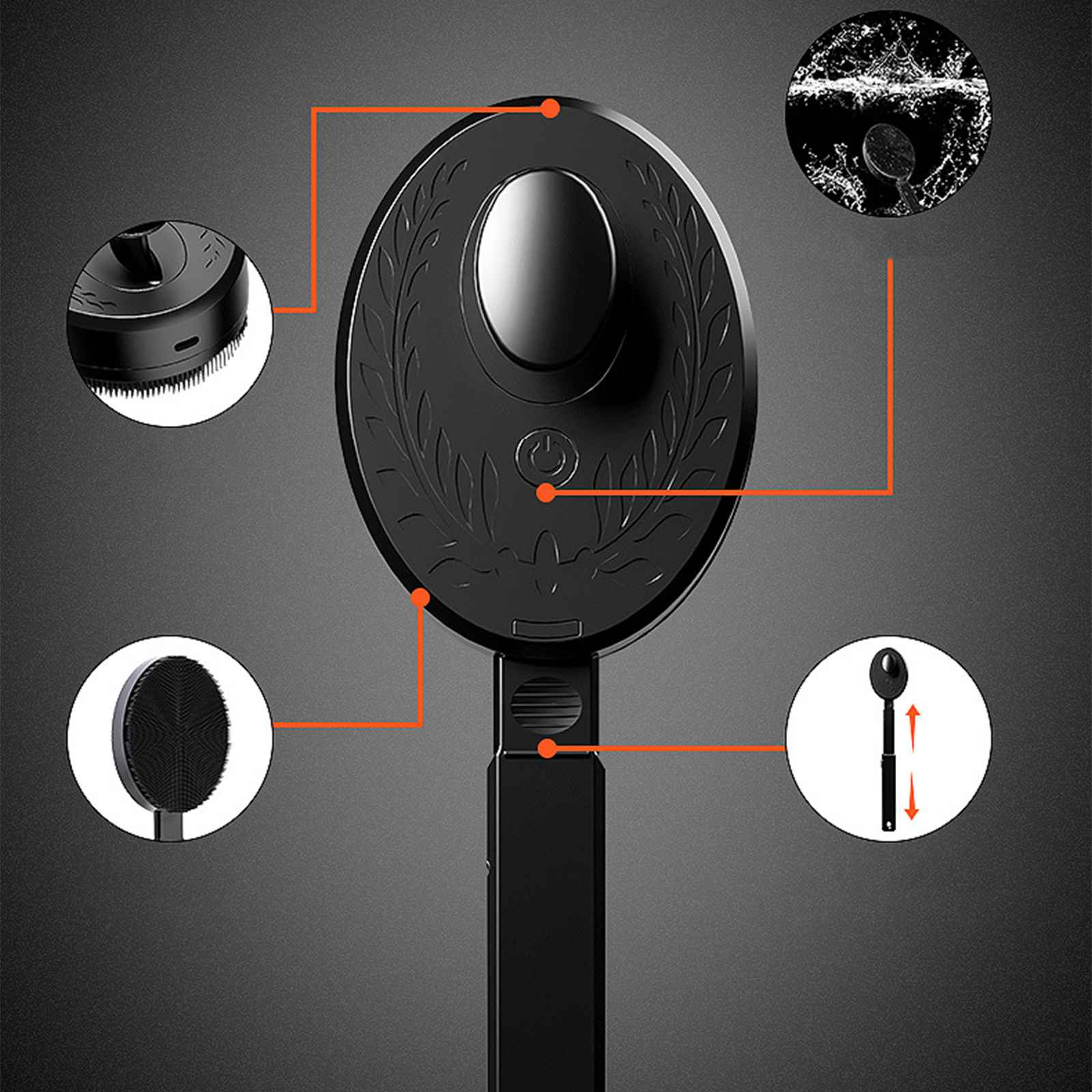 Schwarzes Gerät mit ovalem Kopf, Ein-/Aus-Taste und mehreren Aufsätzen, dargestellt vor grauem Hintergrund mit orangen Linien.