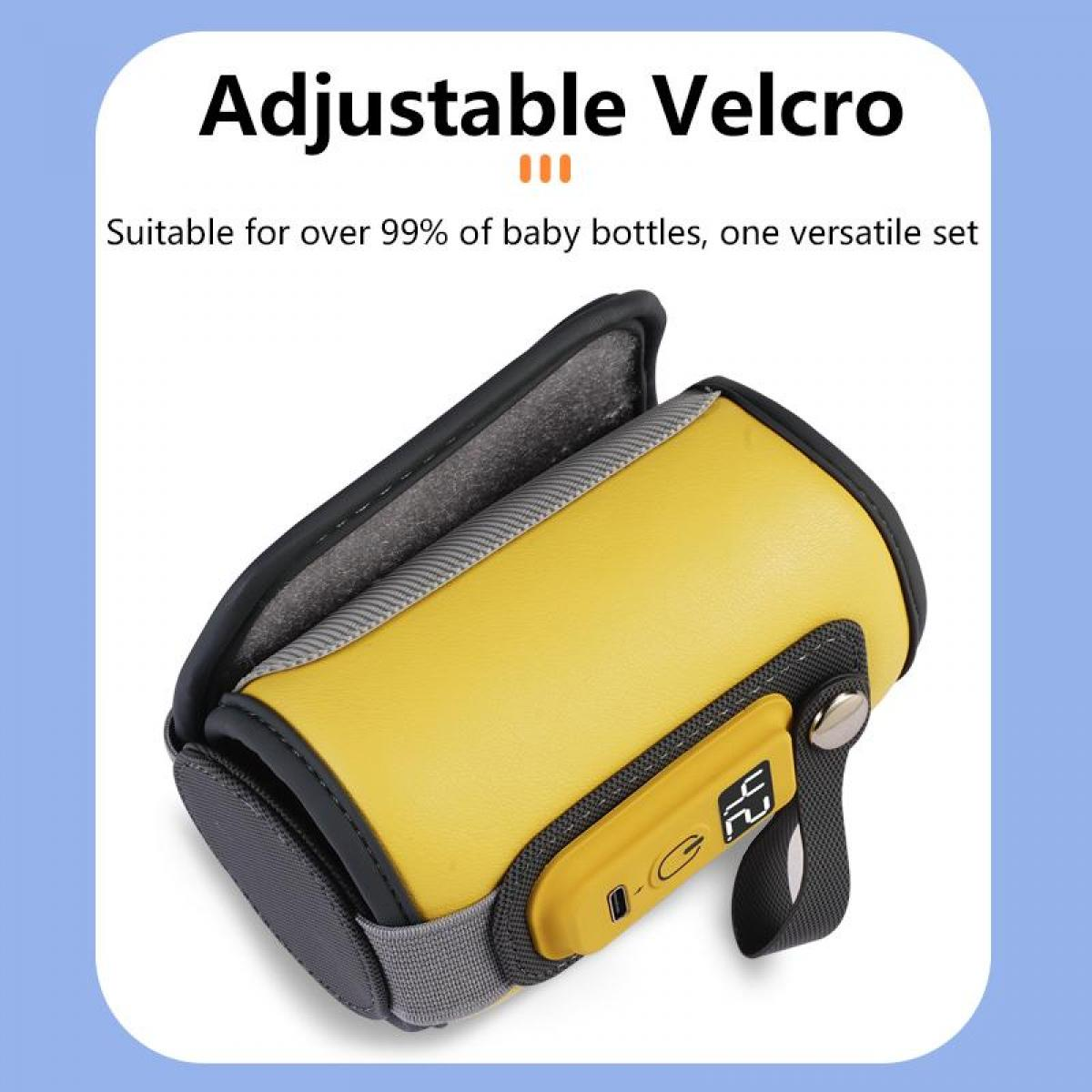Gelber Babyflaschenwärmer mit verstellbarem Klettverschluss. Schwarze Zierleiste und grauer Riemen. Text: Verstellbarer Klettverschluss, für Flaschen geeignet.