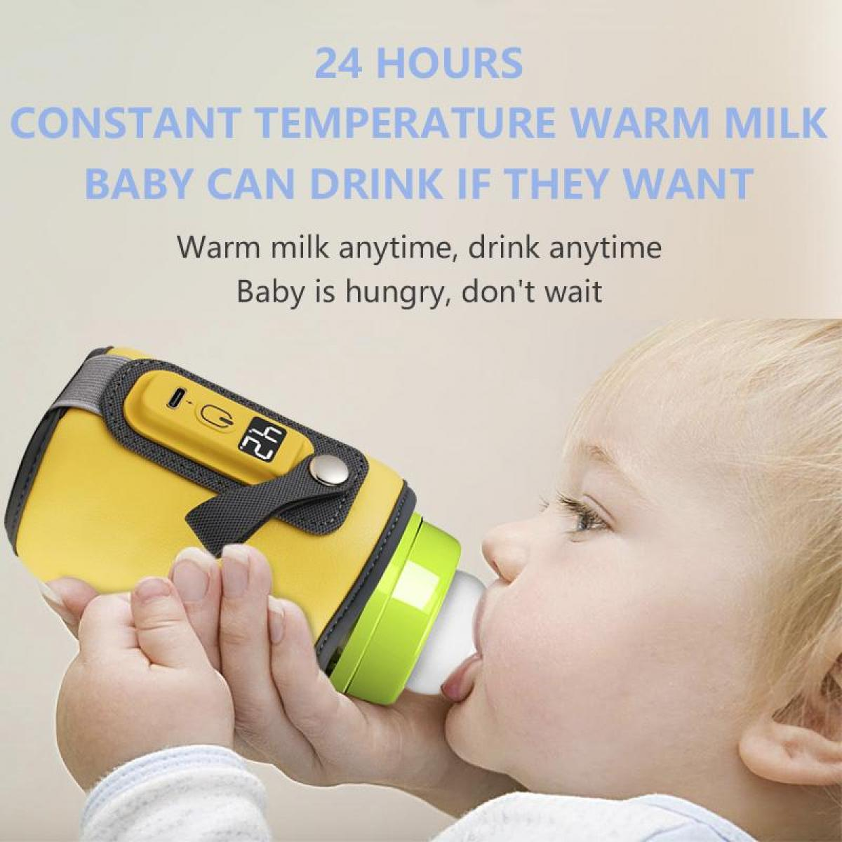 Ein Baby trinkt aus einem gelben Flaschenwärmer. Der Wärmer wird vom Baby gehalten. Text im Hintergrund wirbt für warme Milch.