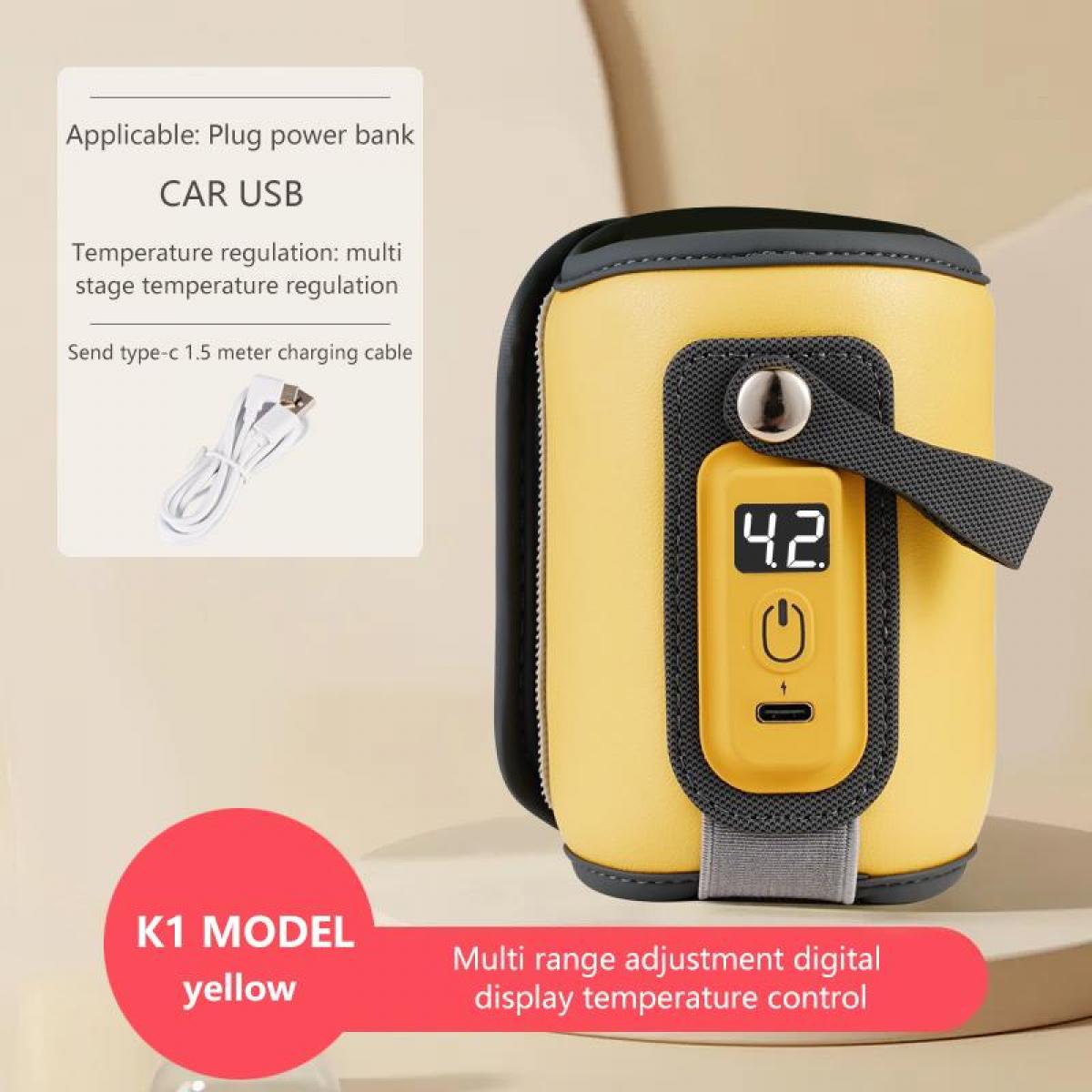 Gelbes Gerät mit Digitalanzeige '4.2'. Es hat einen schwarzen Griff und ein USB-Kabel. Text: 'K1 MODEL yellow'.