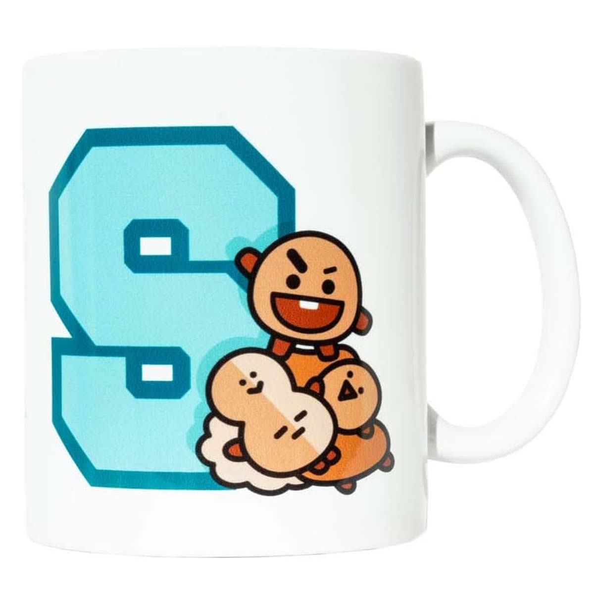 Weißer Becher mit einer hellblauen Zahl neun und Cartoonfiguren. Eine Figur ist orange, die anderen sind beige und orange.