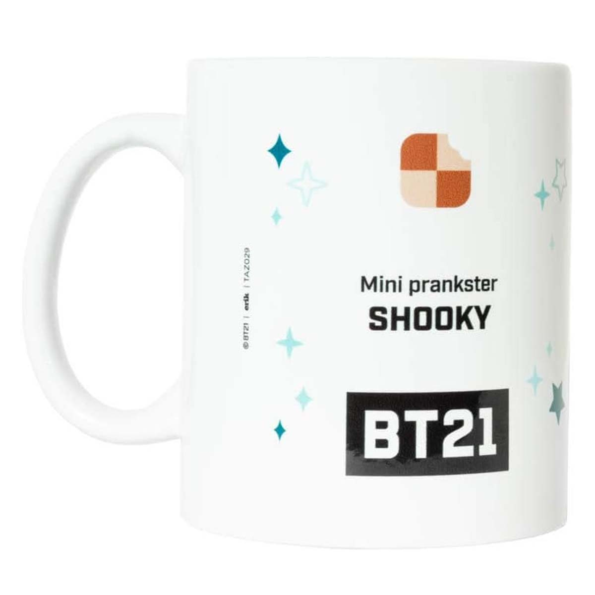 Weißer BT21 Shooky-Becher. Der Becher hat das Logo und Shookys Namen. Er hat Sterne und ein angebissenes Keks-Design.