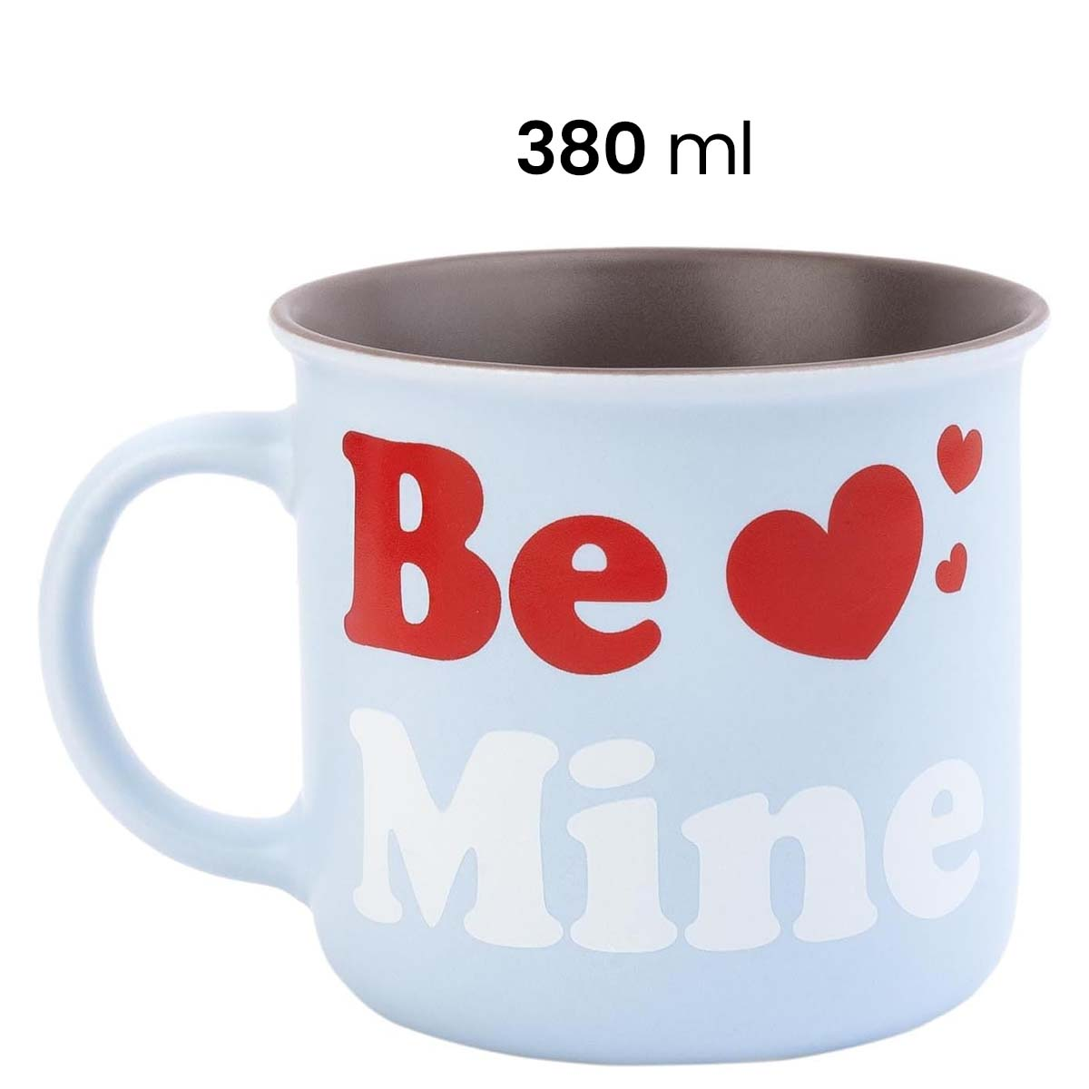 Hellblauer Becher mit den Worten 'Be Mine' und einem roten Herz. Er hat ein braunes Innere und einen Henkel.
