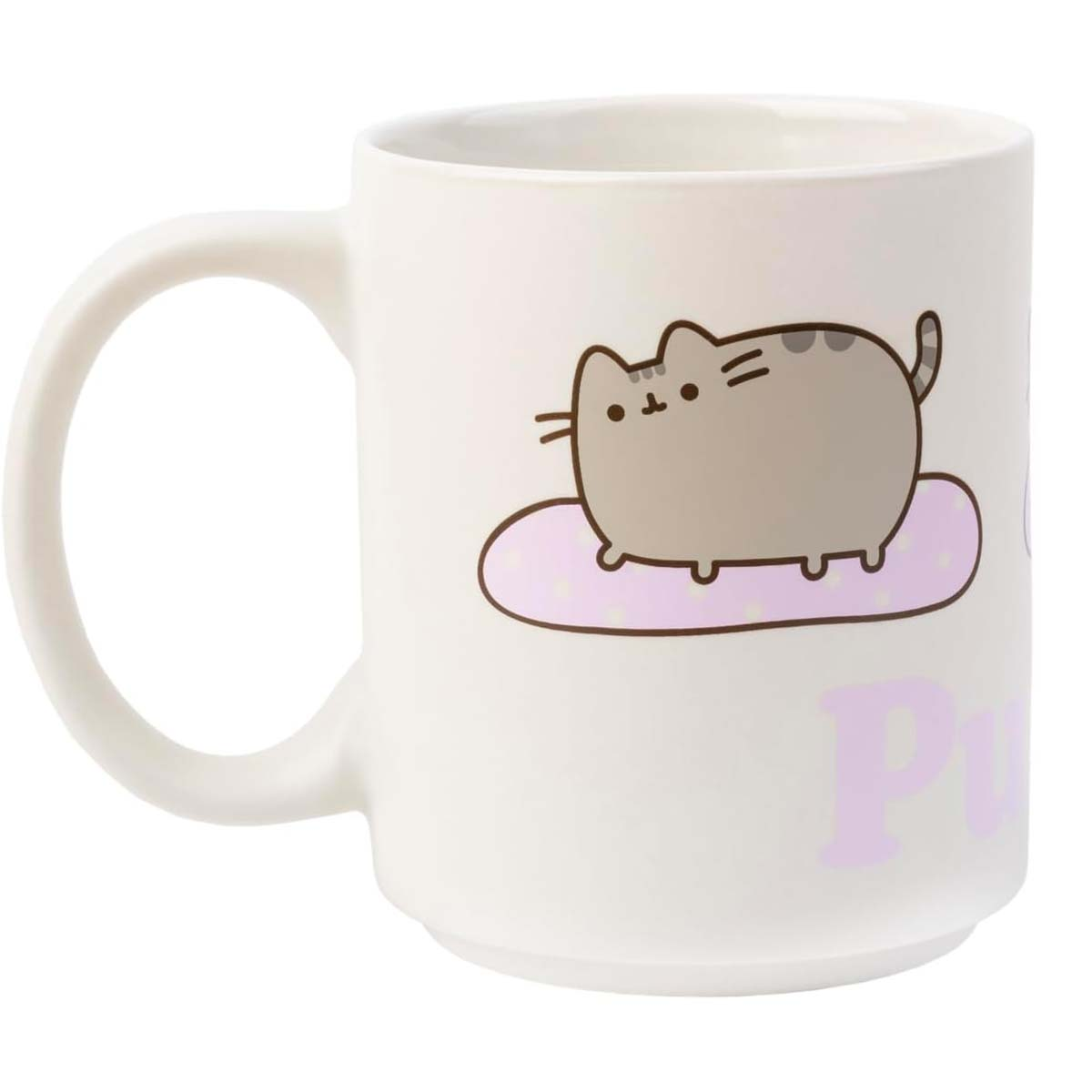 Ein weißer Becher mit einer Cartoon-Katze auf einer rosa Wolke. Das Wort "Pusheen" ist in Rosa sichtbar. Der Griff ist links.