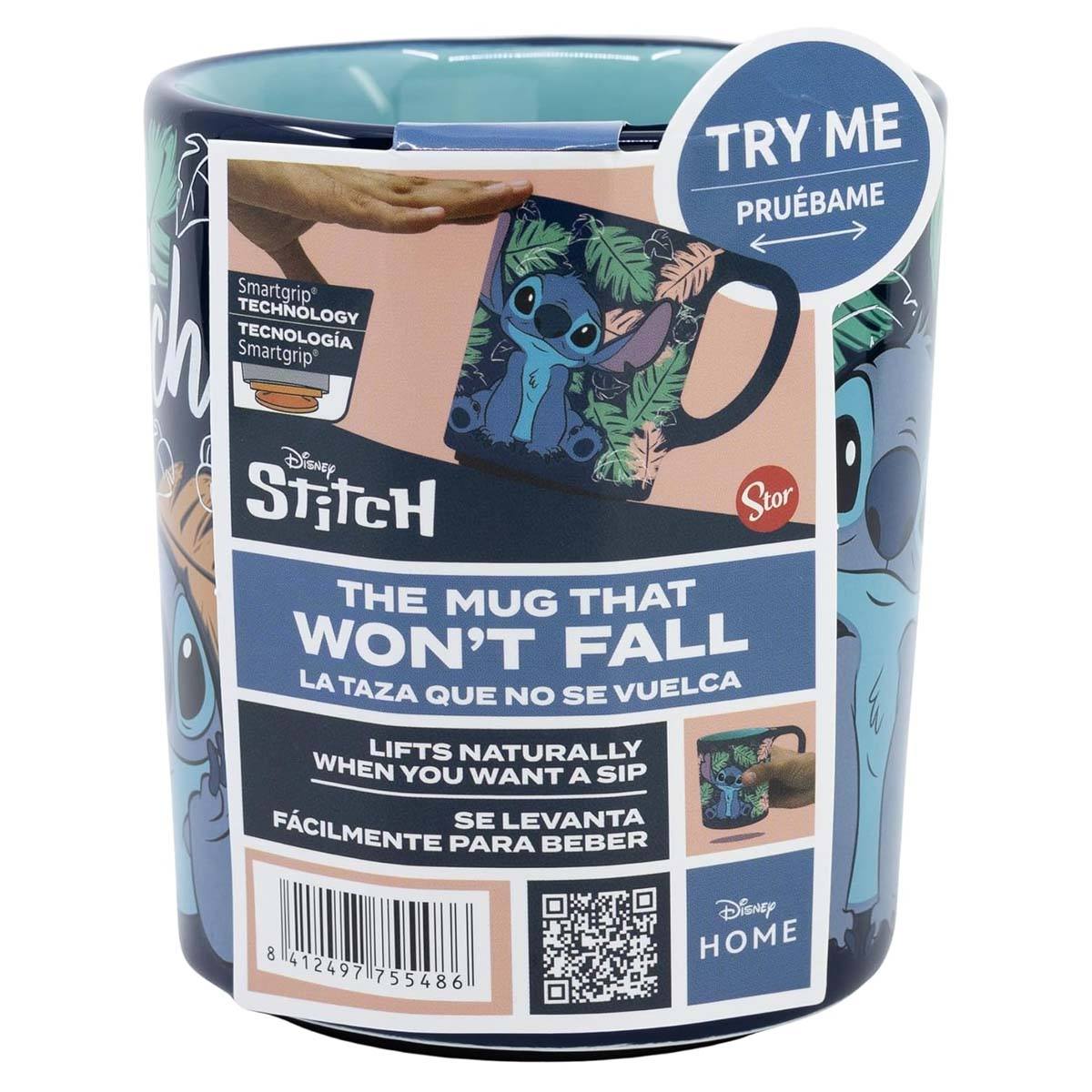 Eine Tasse mit Stitch-Design. Sie hat eine blau-weiße Farbgebung mit Text auf Spanisch und Englisch.