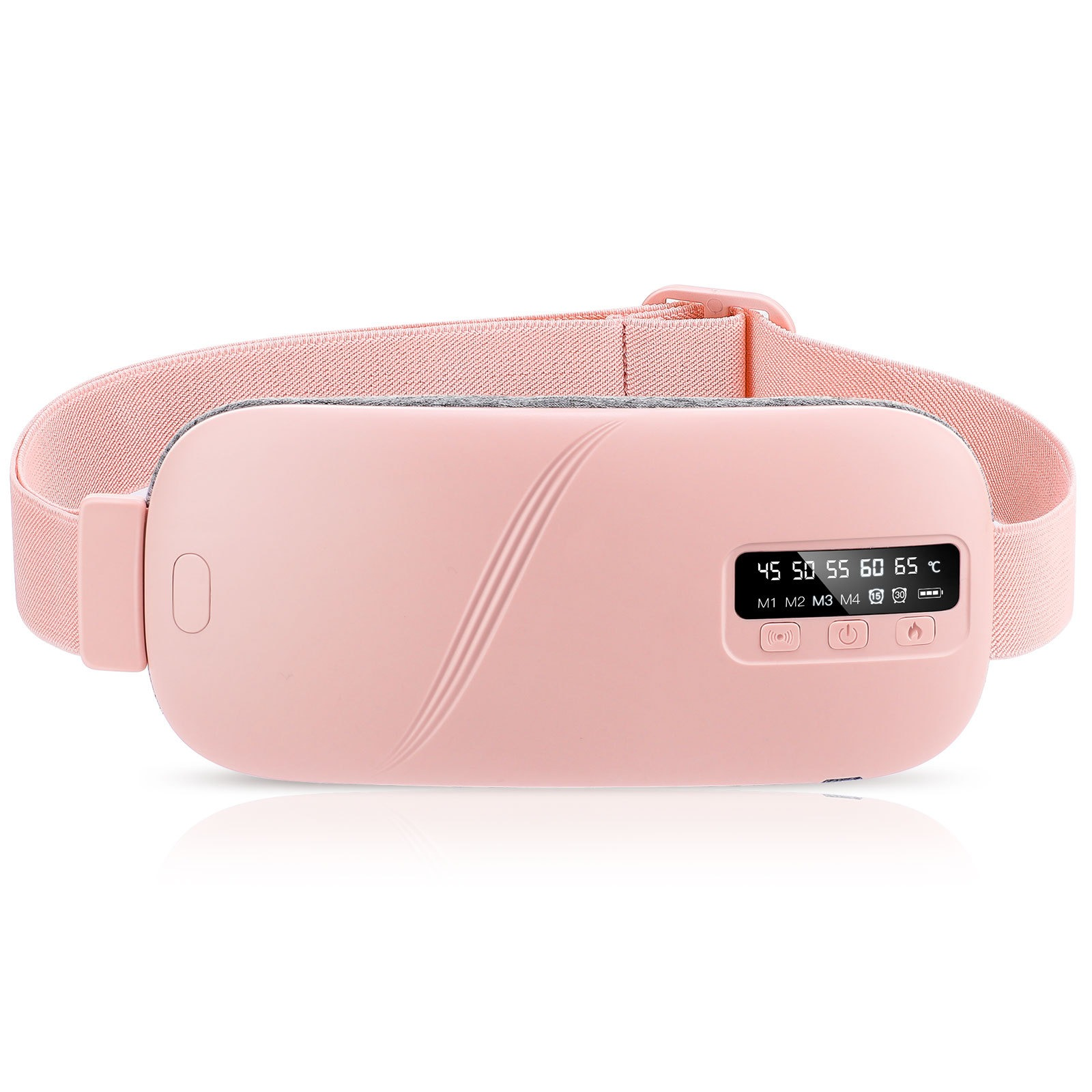 Ein rosa Heizkissen mit LCD-Bildschirm, der Temperatureinstellungen anzeigt, und einem verstellbaren rosa Gurt.