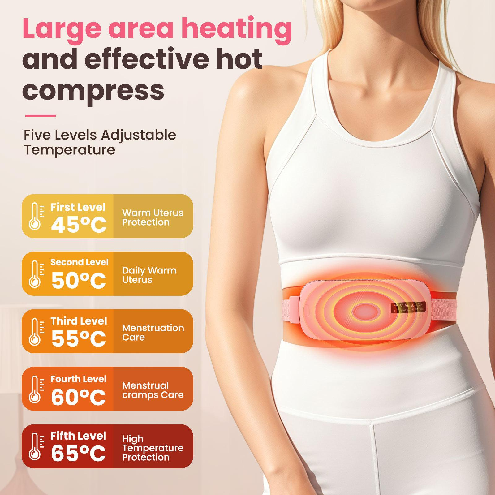 Eine Frau trägt ein rosa Heizkissen. Text zeigt Temperatureinstellungen und Vorteile wie Menstruationspflege.