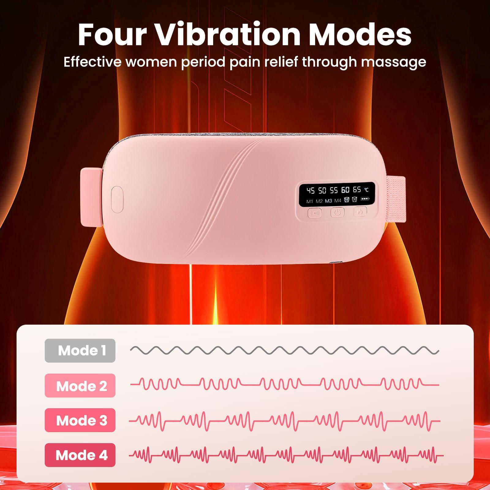 Gezeigt wird ein rosa Massagegerät mit vier Vibrationsmodi. Der Hintergrund zeigt einen Oberkörper und ein Wellenformdiagramm.