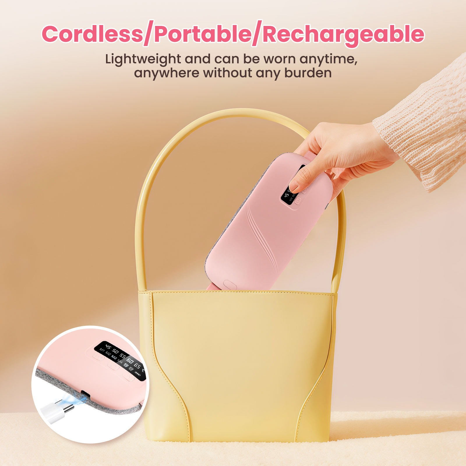 Eine Hand hält ein rosa, wiederaufladbares Gerät in der Nähe einer gelben Handtasche. Der Text lautet 'Cordless/Portable/Rechargeable'.