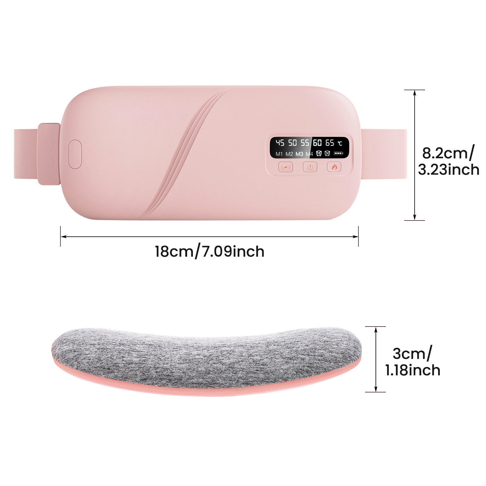Ein rosa Heizkissen mit Maßen. Es hat eine Digitalanzeige mit Temperatureinstellungen. Auch ein graues Pad.