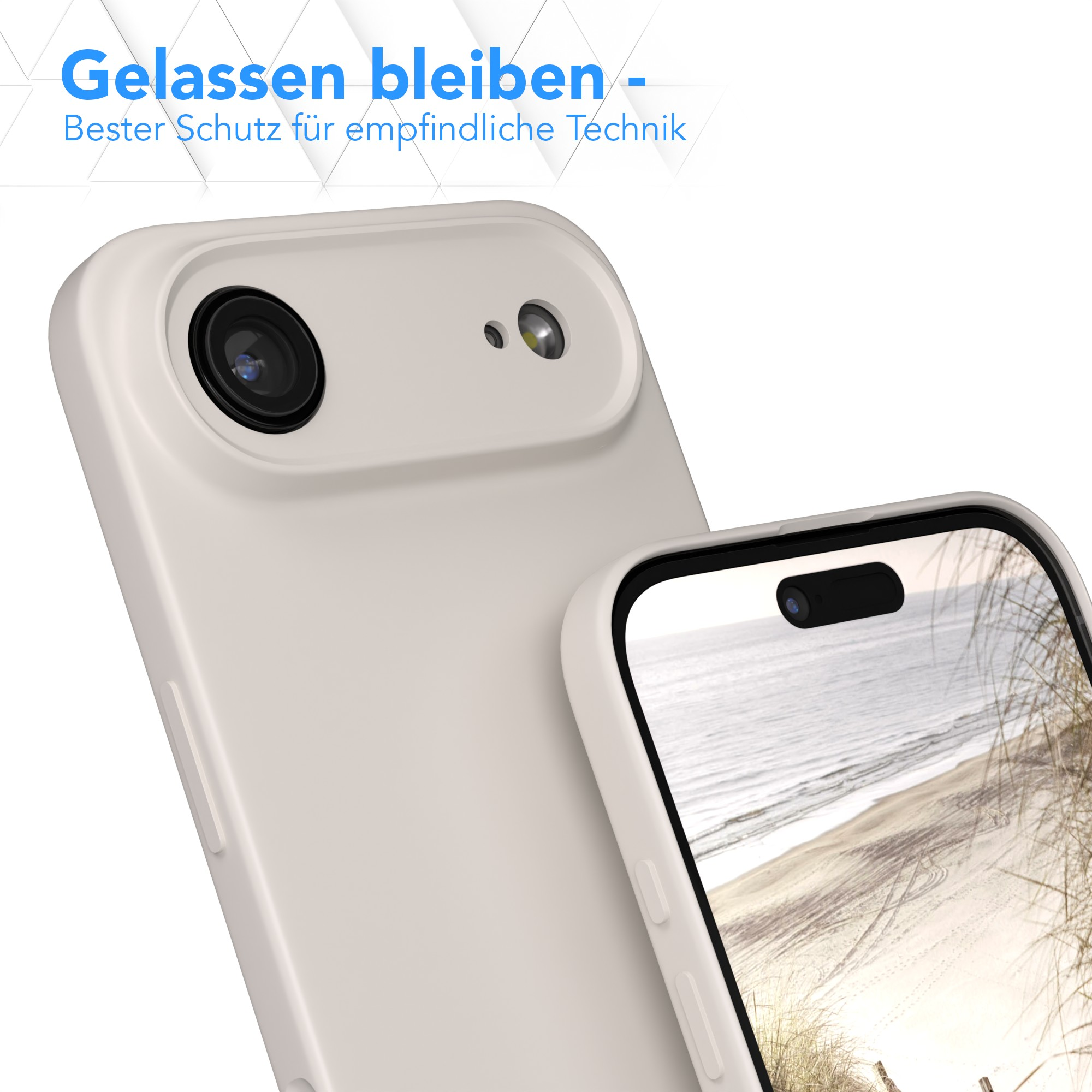 Zwei Telefone in cremefarbenen Hüllen. Eines zeigt eine Strandszene. Blauer Text: Gelassen bleiben - Bester Schutz für empfindliche Technik.