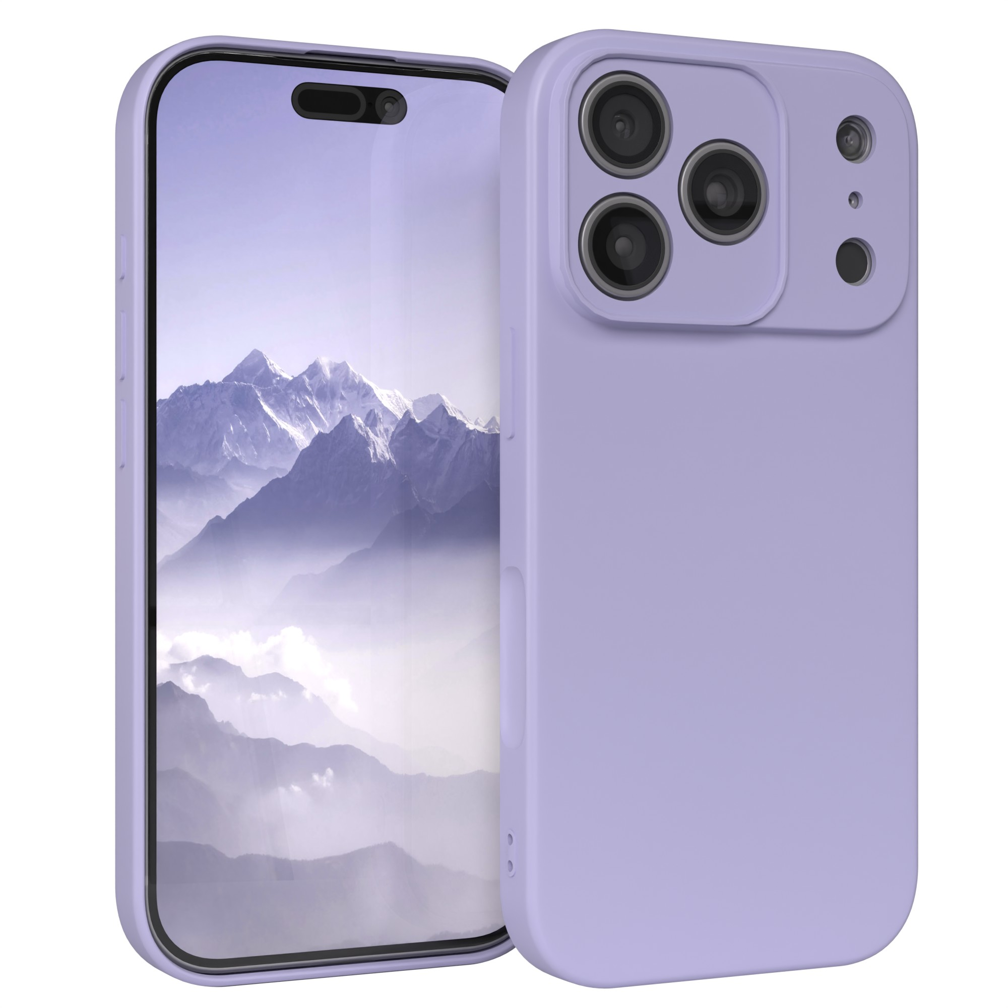 Ein Telefon in einer lila Hülle. Der Bildschirm zeigt ein Gebirge. Die Hülle hat mehrere Kameralinsen.