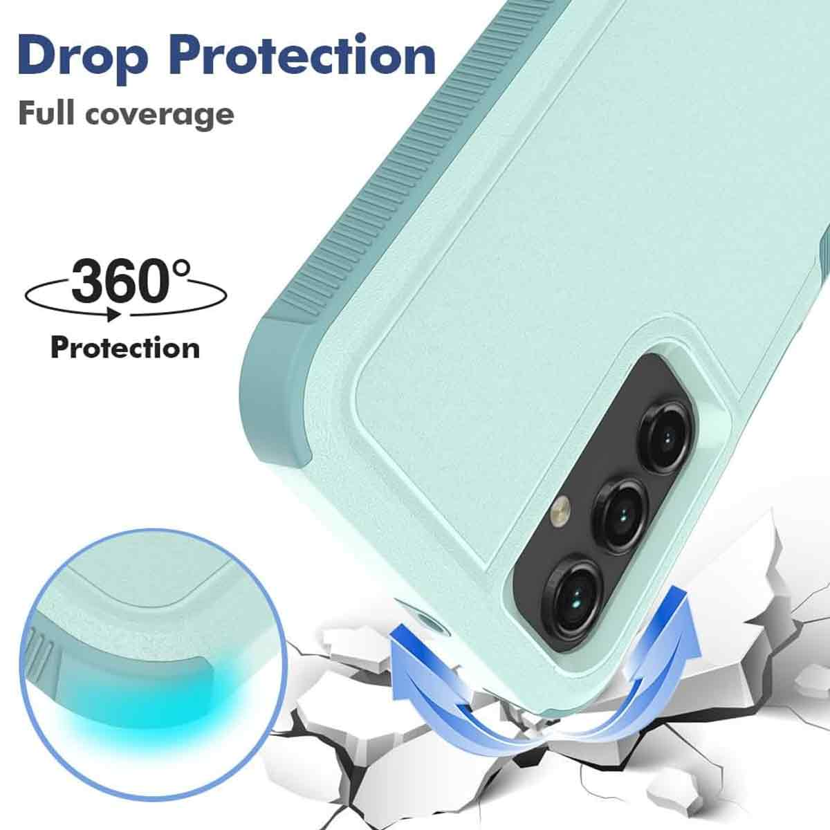Eine Handyhülle mit der Aufschrift 'Drop Protection' und einem 360-Grad-Schutzsymbol wird gezeigt. Blaue Pfeile deuten auf Stoßdämpfung auf einer zerbrochenen Oberfläche hin.