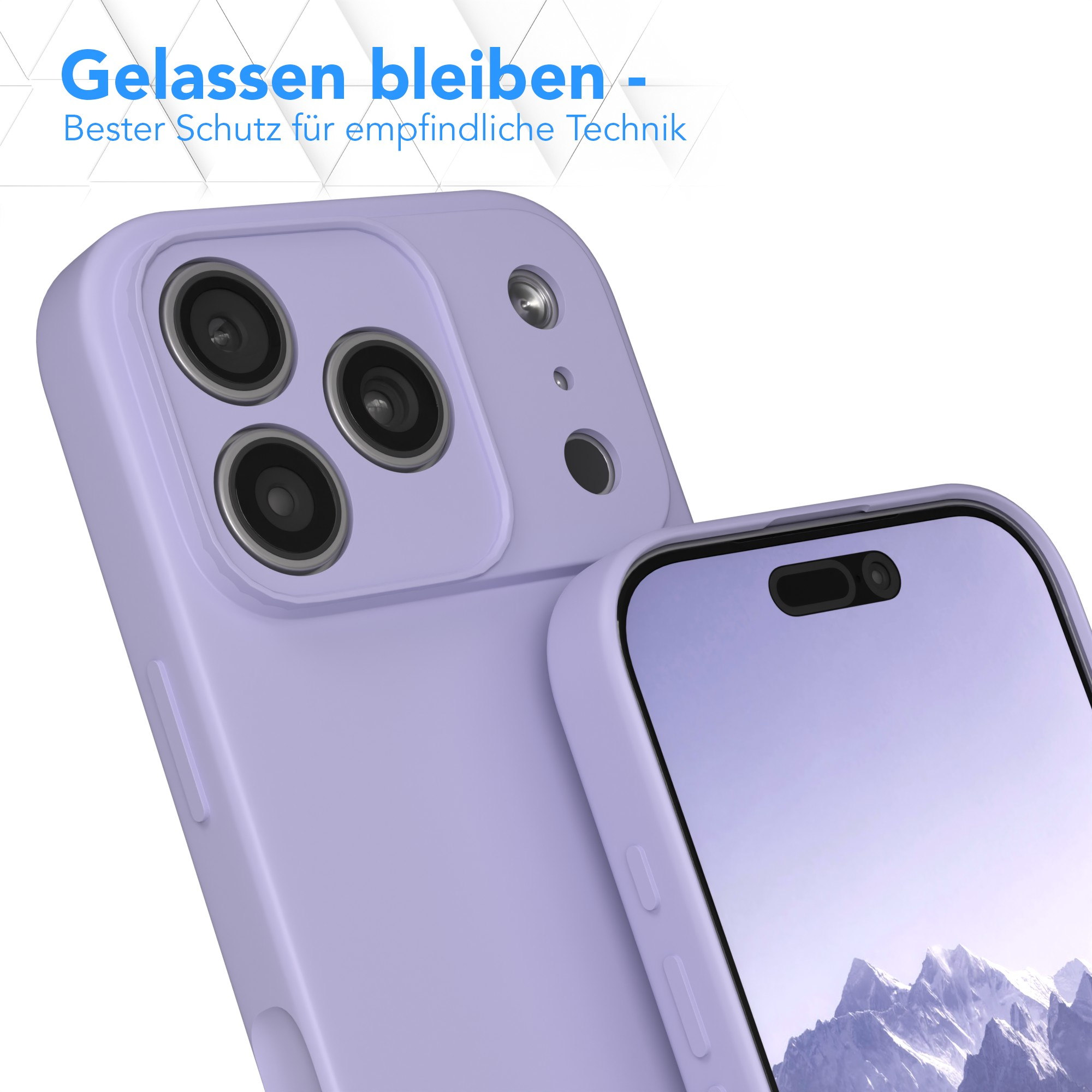 Nahaufnahme einer lila Handyhülle und eines Telefonbildschirms mit Berglandschaft.