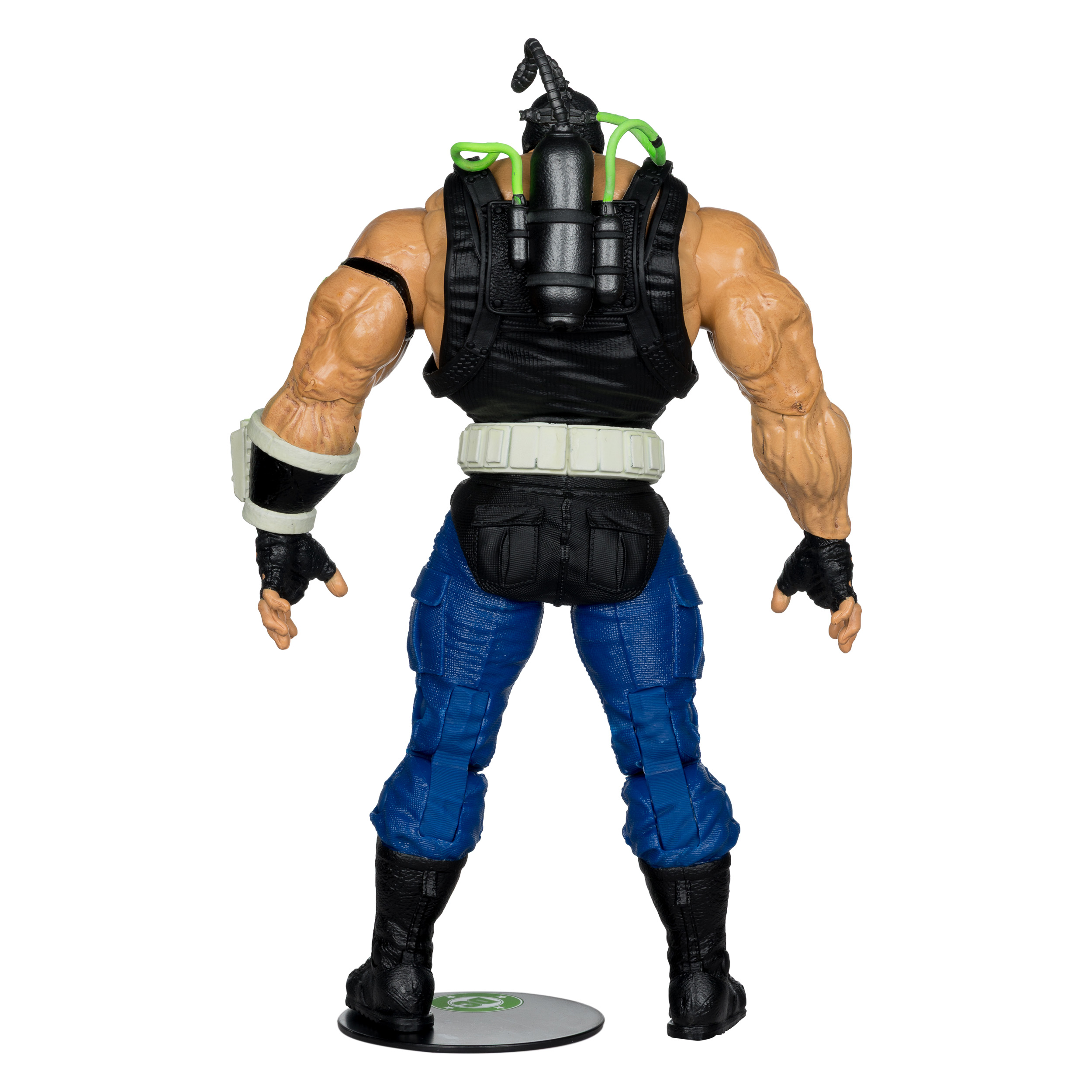 Action figure di Bane vista da dietro. Indossa un gilet nero, pantaloni blu e un respiratore.