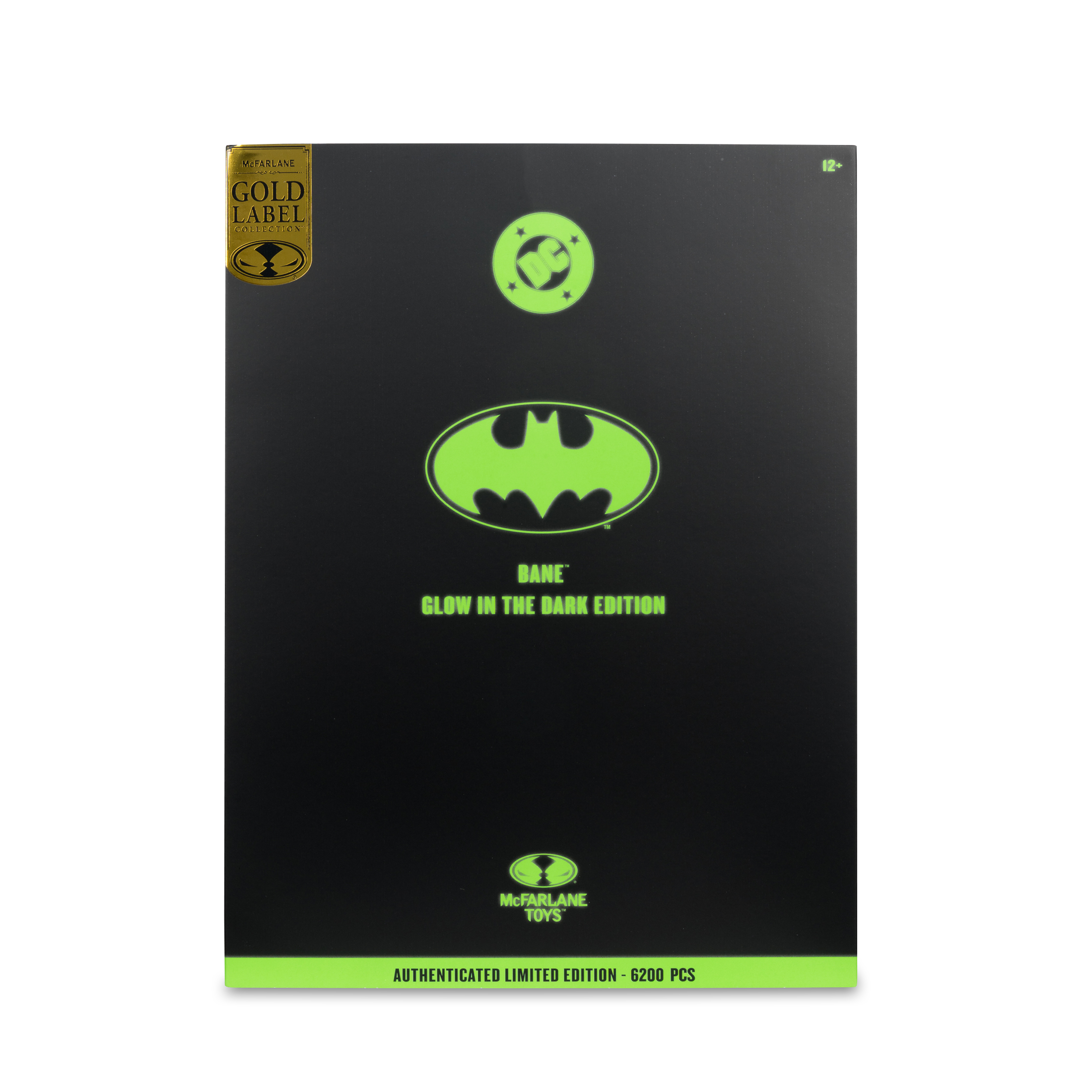 Una scatola nera con il logo di Batman verde brillante, il testo Bane e l'etichetta dorata. È un'edizione Glow in the Dark.