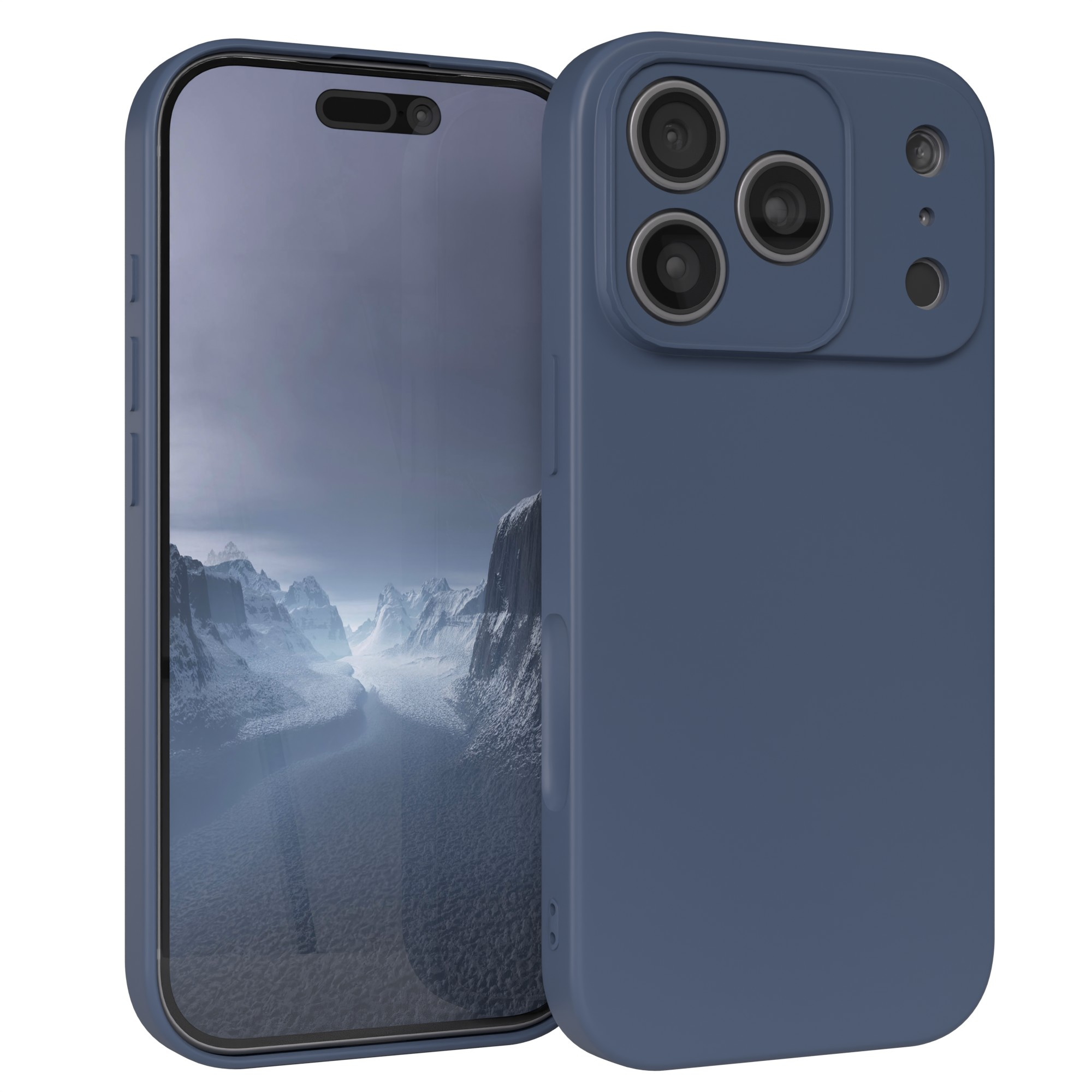 Ein blaues Telefon mit Hülle. Der Bildschirm zeigt eine schneebedeckte Bergkette. Die Hülle hat Kameralinsen.