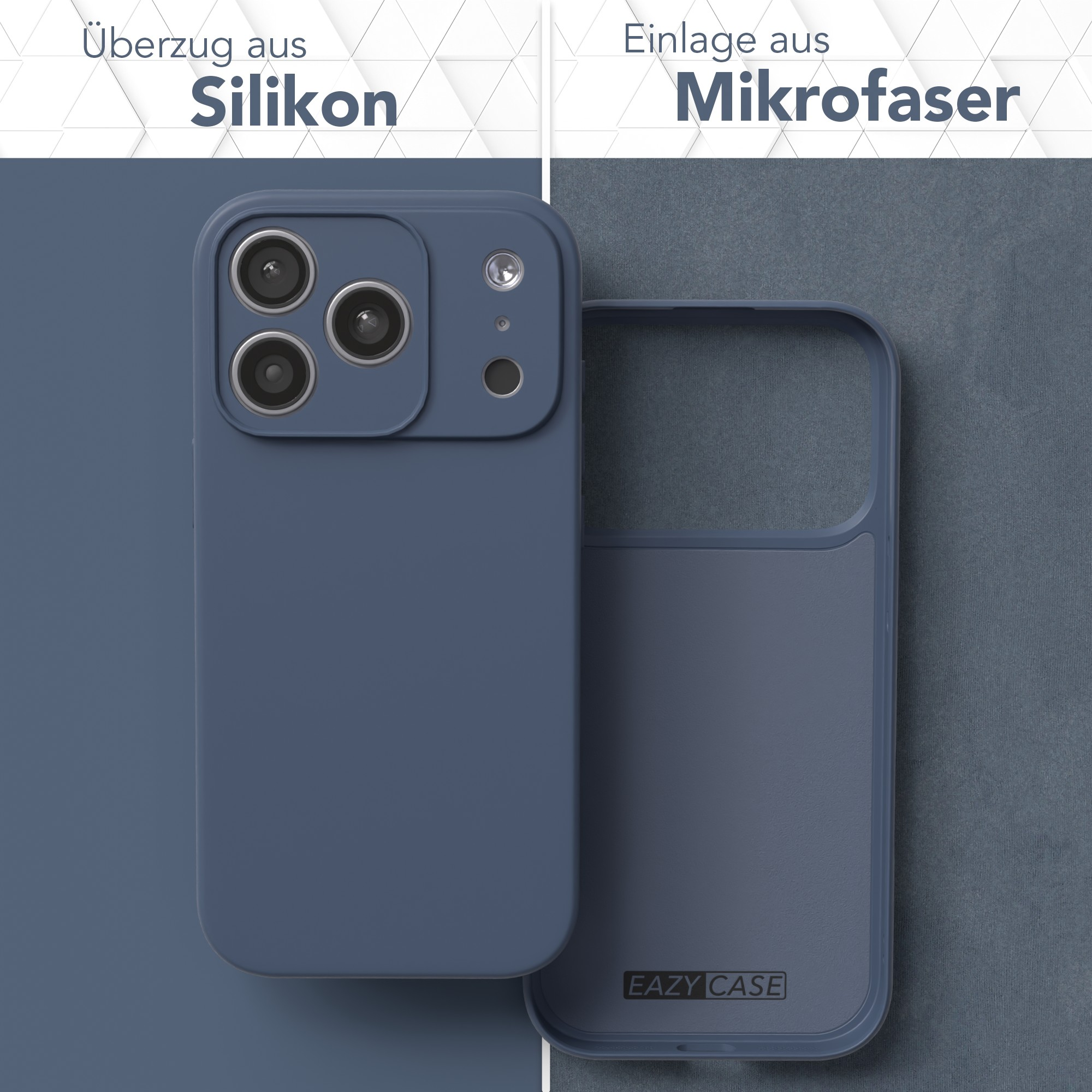 Das Bild zeigt eine blaue Handyhülle mit Silikon außen und Mikrofaser innen, geteilt in zwei Hälften.