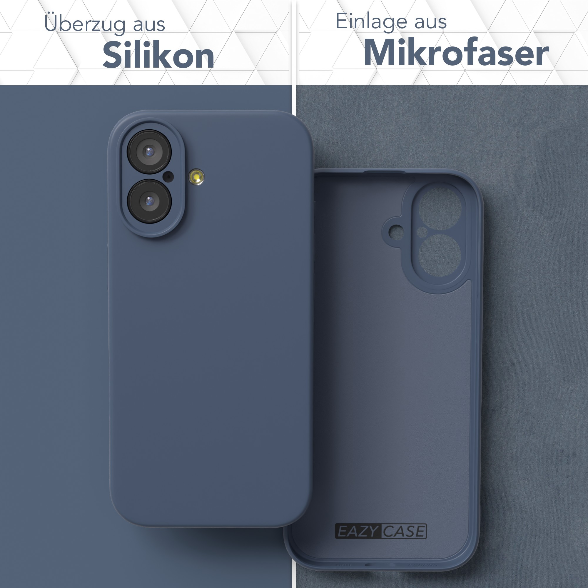 Blaue Handyhülle und ihr Innenteil. Die Hülle hat Kameraausschnitte. Der Innenteil hat eine Mikrofaser-Textur.
