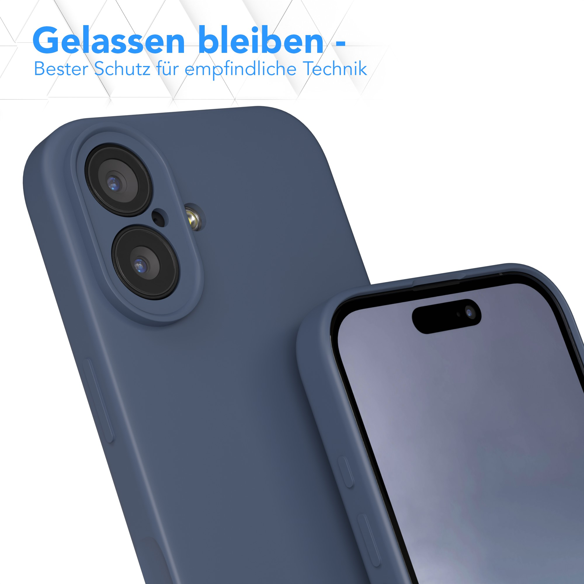 Eine blaue Handyhülle mit einem Handy darin. Der Hintergrund ist weiß. Text in Blau befindet sich oben im Bild.