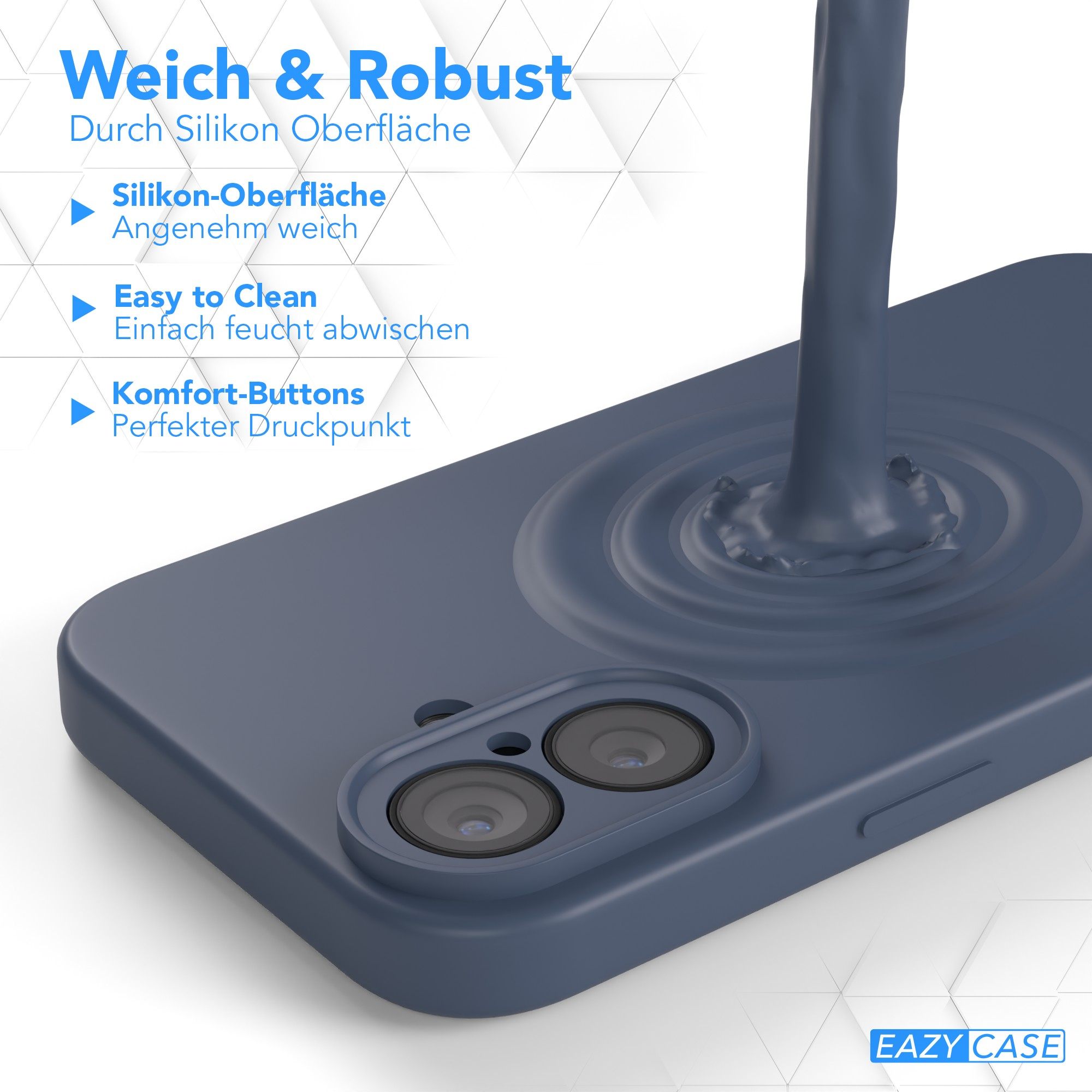 Eine blaue Handyhülle mit fließendem Flüssigkeitseffekt auf weißem Hintergrund. Textdetails: weich, leicht zu reinigen und Komforttasten.