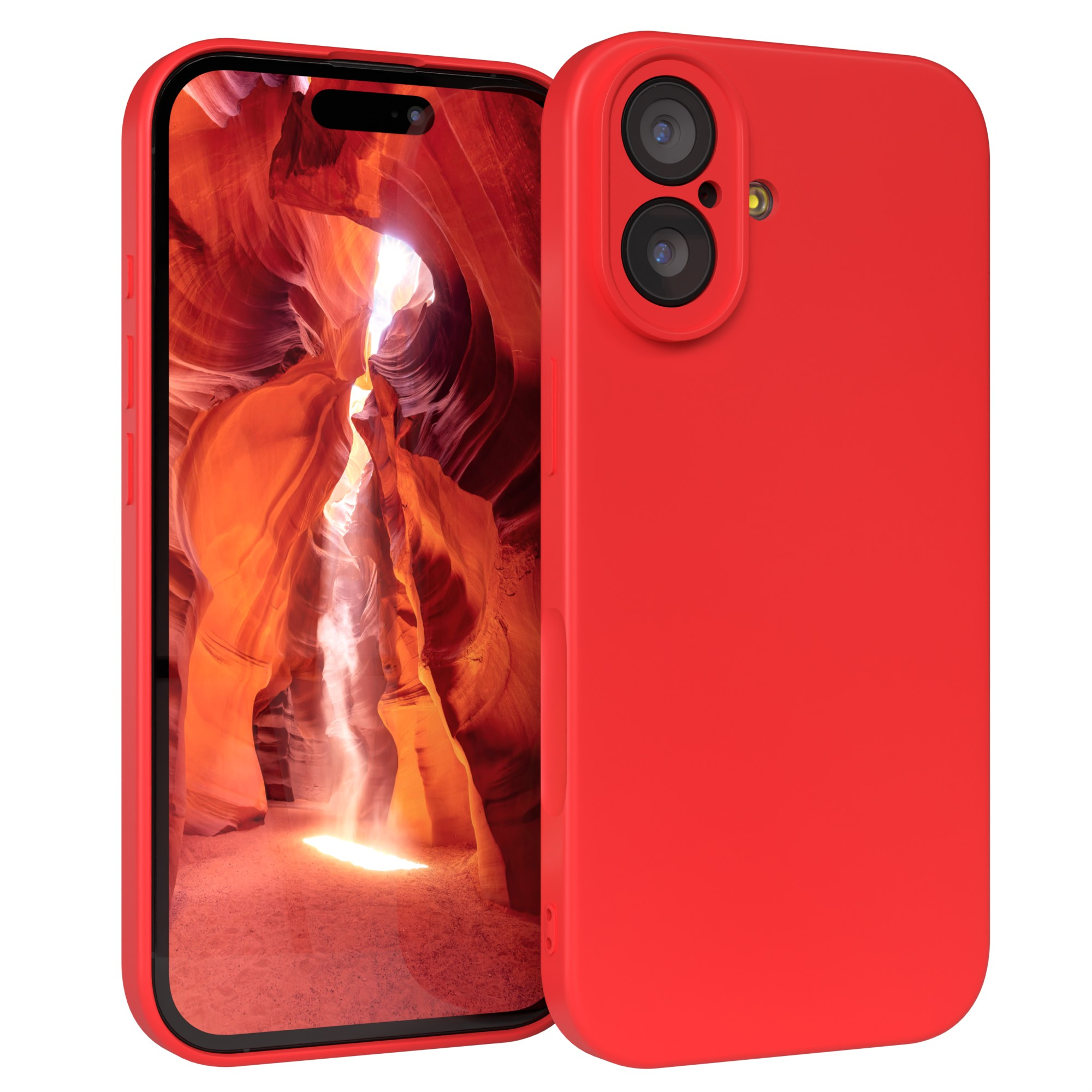 Eine rote Handyhülle mit einem Telefon, das eine Schluchtszene zeigt. Die Hülle hat Kameraausschnitte.